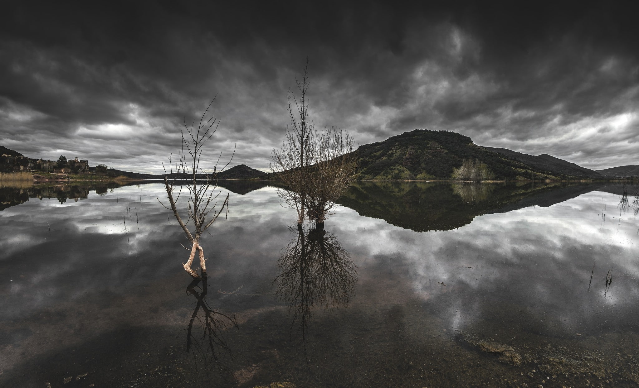 beauty in nature, tranquility, 1080P, landscape, trees, mountain, nature, tranquil scene, idyllic, outdoors, lake, clouds, sky, cloud - sky, mountain range, HD Wallpaper