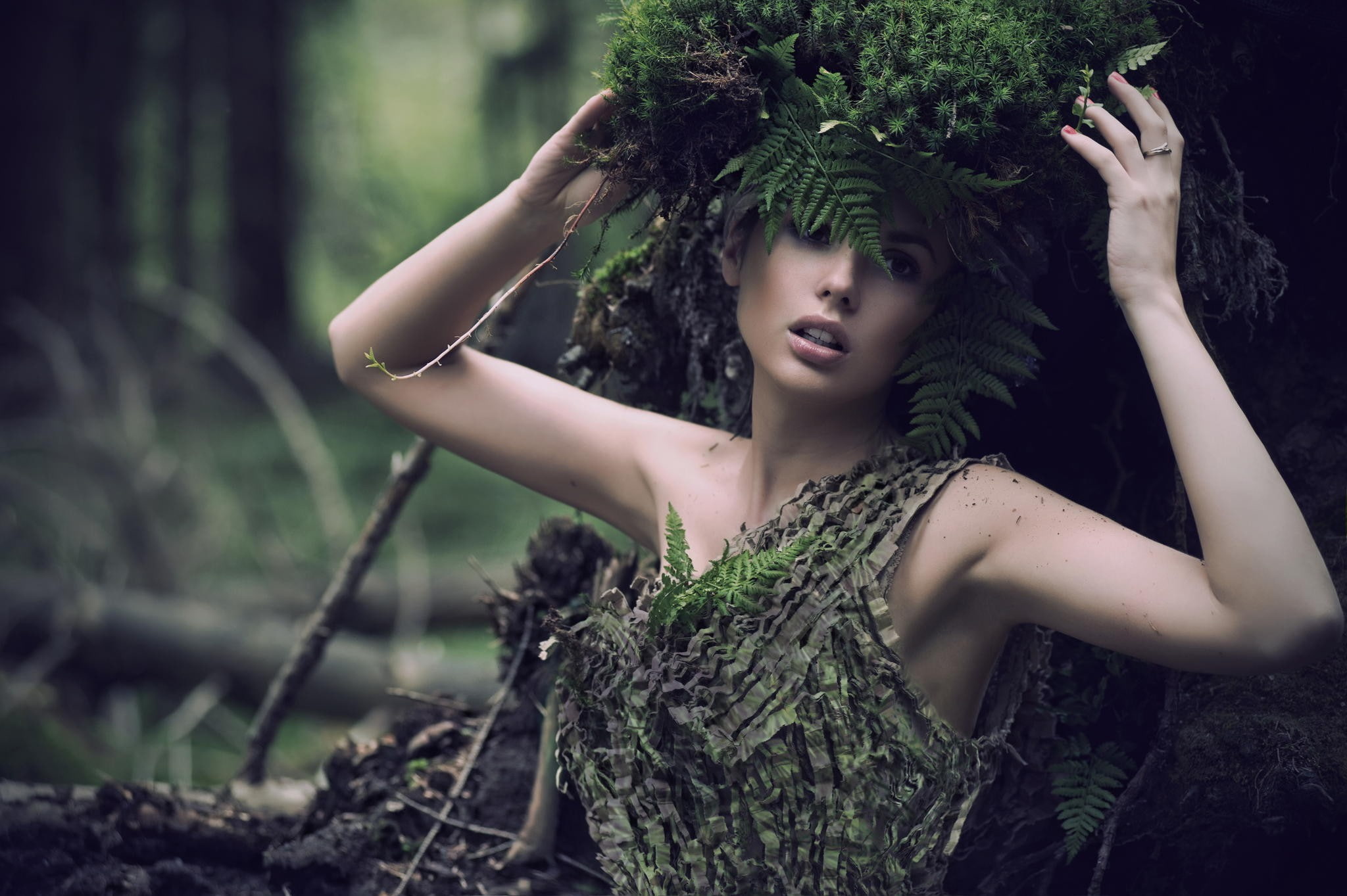 beautiful woman, front view, hair, woodland, dead trees, one person, young adult, fashion, plant, green color, women, women outdoors, beauty, hands on head, HD Wallpaper