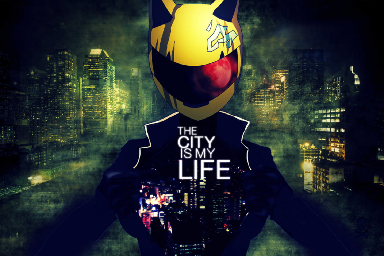 illuminated, western script, 720P, building, city, waist up, sign, office building exterior, helmet, skyscraper, Anime, Durarara!!, text, communication, HD Wallpaper