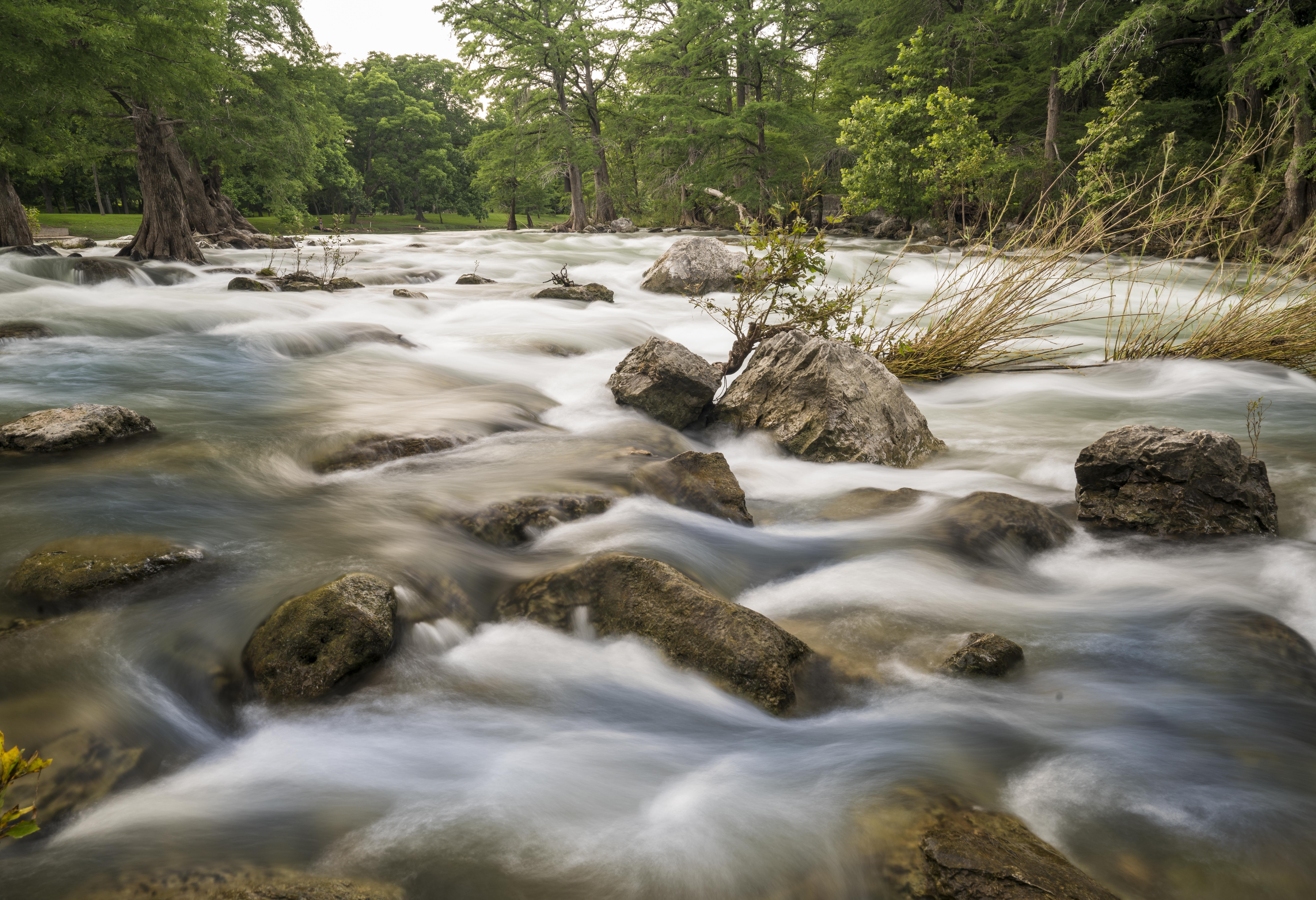 trees, landscape, rock - Object, flowing Water, scenics, photo, guadalupe, nature, water, forest, freshness, outdoors, tree, stream, river, rocks, waterfall, HD Wallpaper