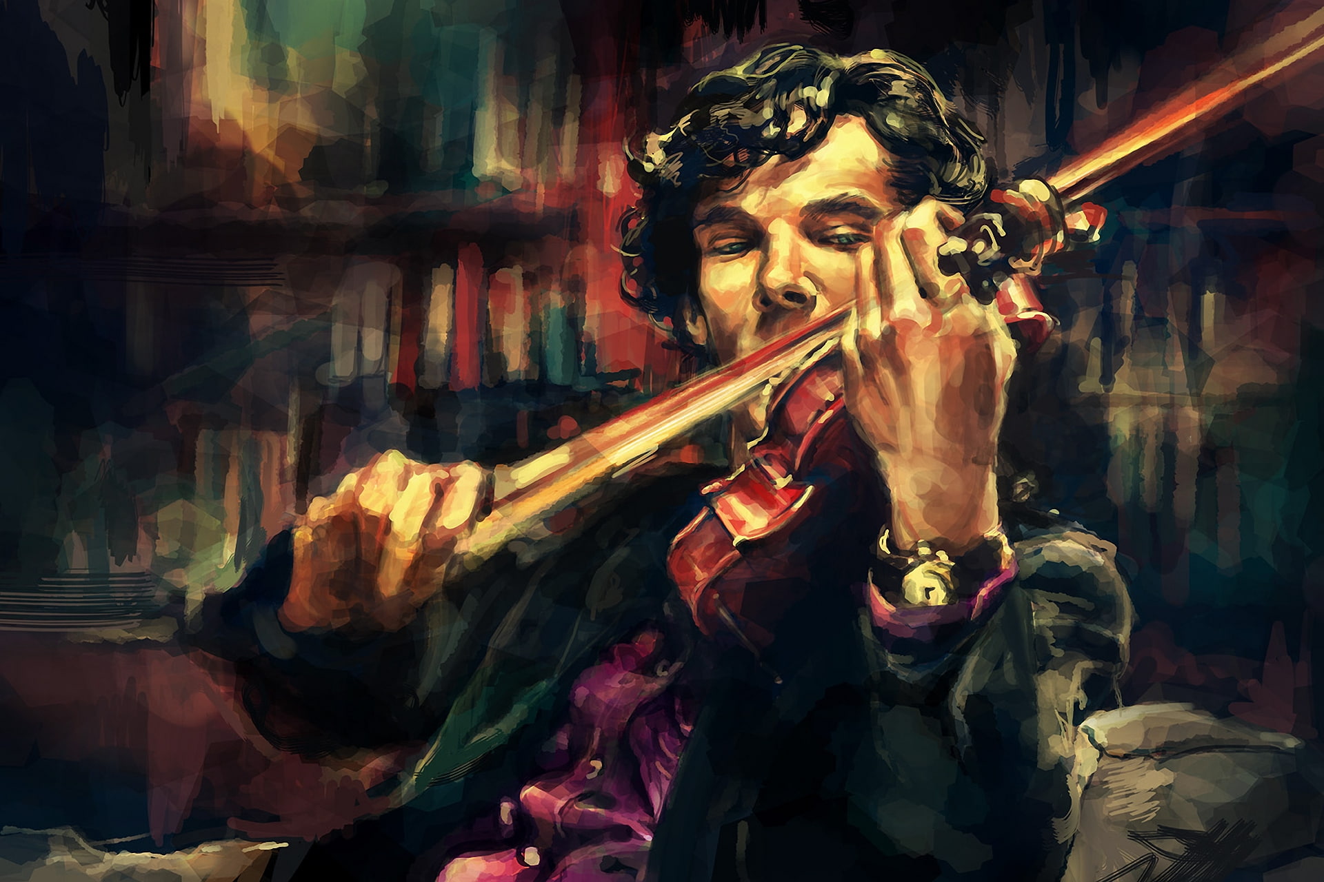 sherlock, art, violins, benedict, cumberbatch, hd, alice, holmes, x, BBC, zhang, watches, 1080P, artwork, virtuoso, HD Wallpaper