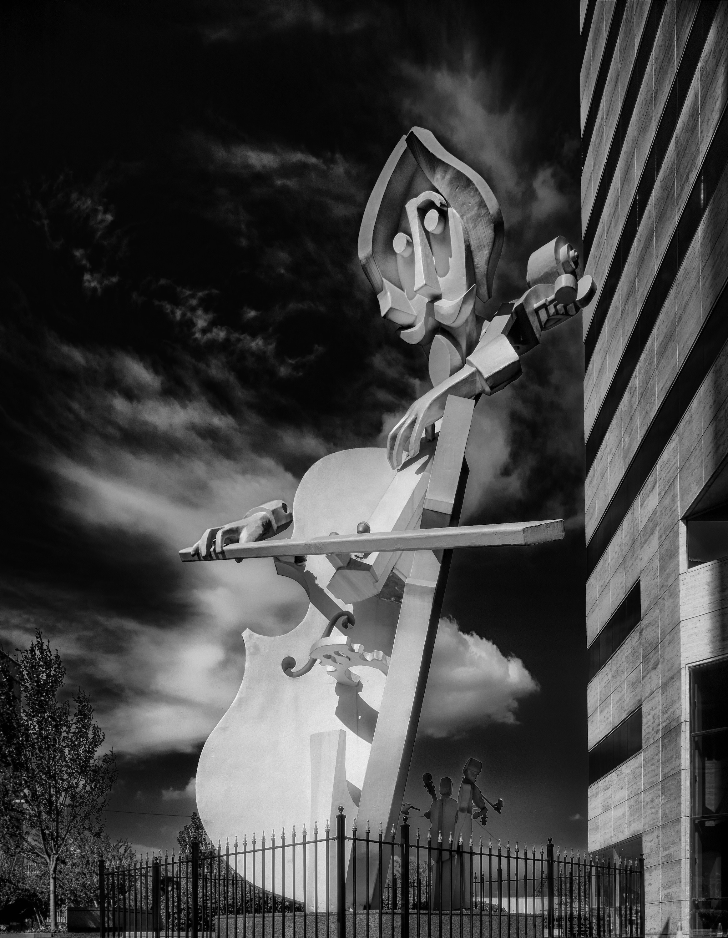 violin, plant, sky, one person, low angle view, art, black and white, artistic, houston, day, 2K, young adult, il virtuoso, cloud - sky, real people, nature, Phone HD Wallpaper