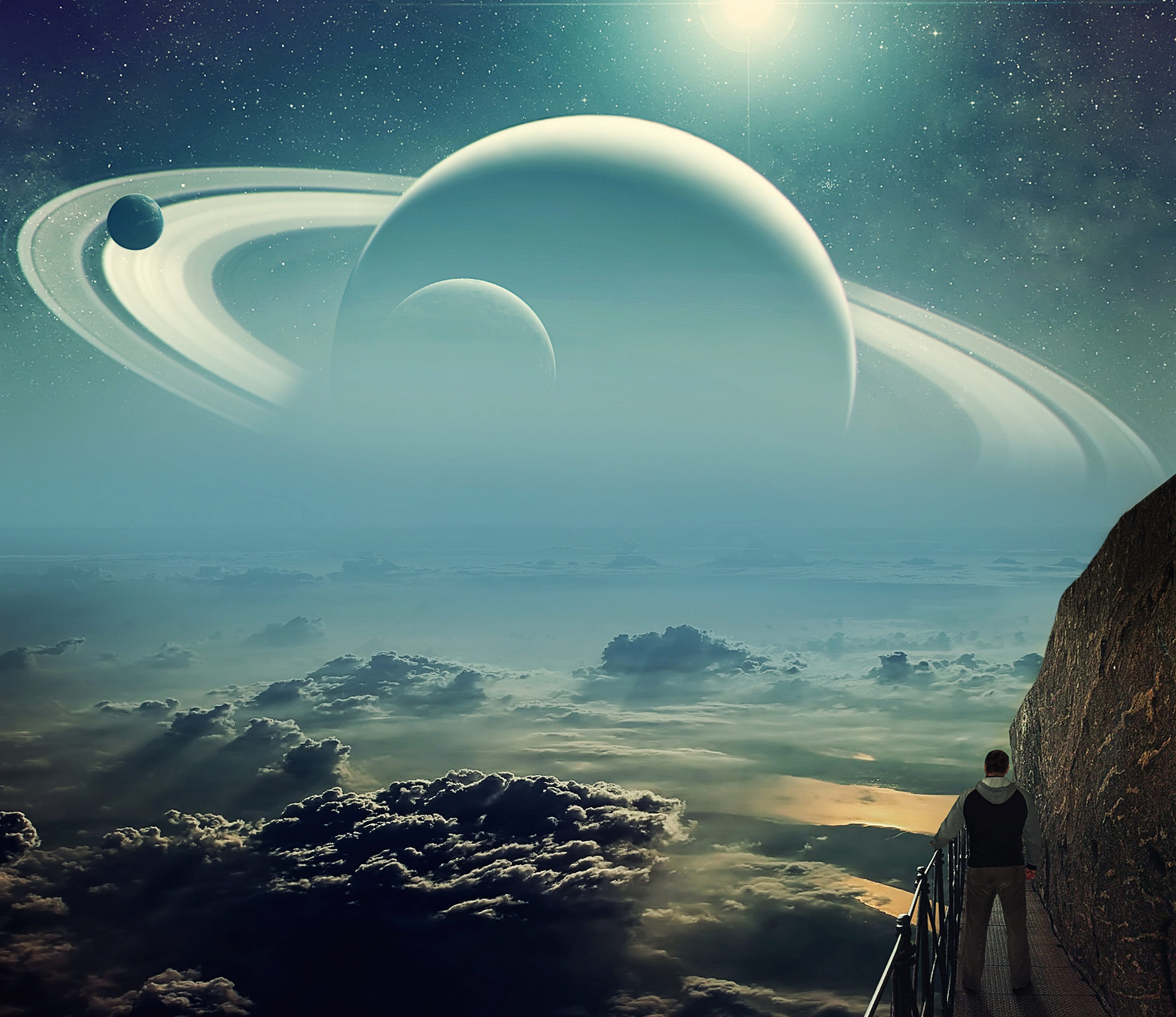 astronomy, fantasy, beauty in nature, mountain, 2K, landscape, real people, surreal, digital composite, lens flare, space, tranquility, clouds, nature, HD Wallpaper