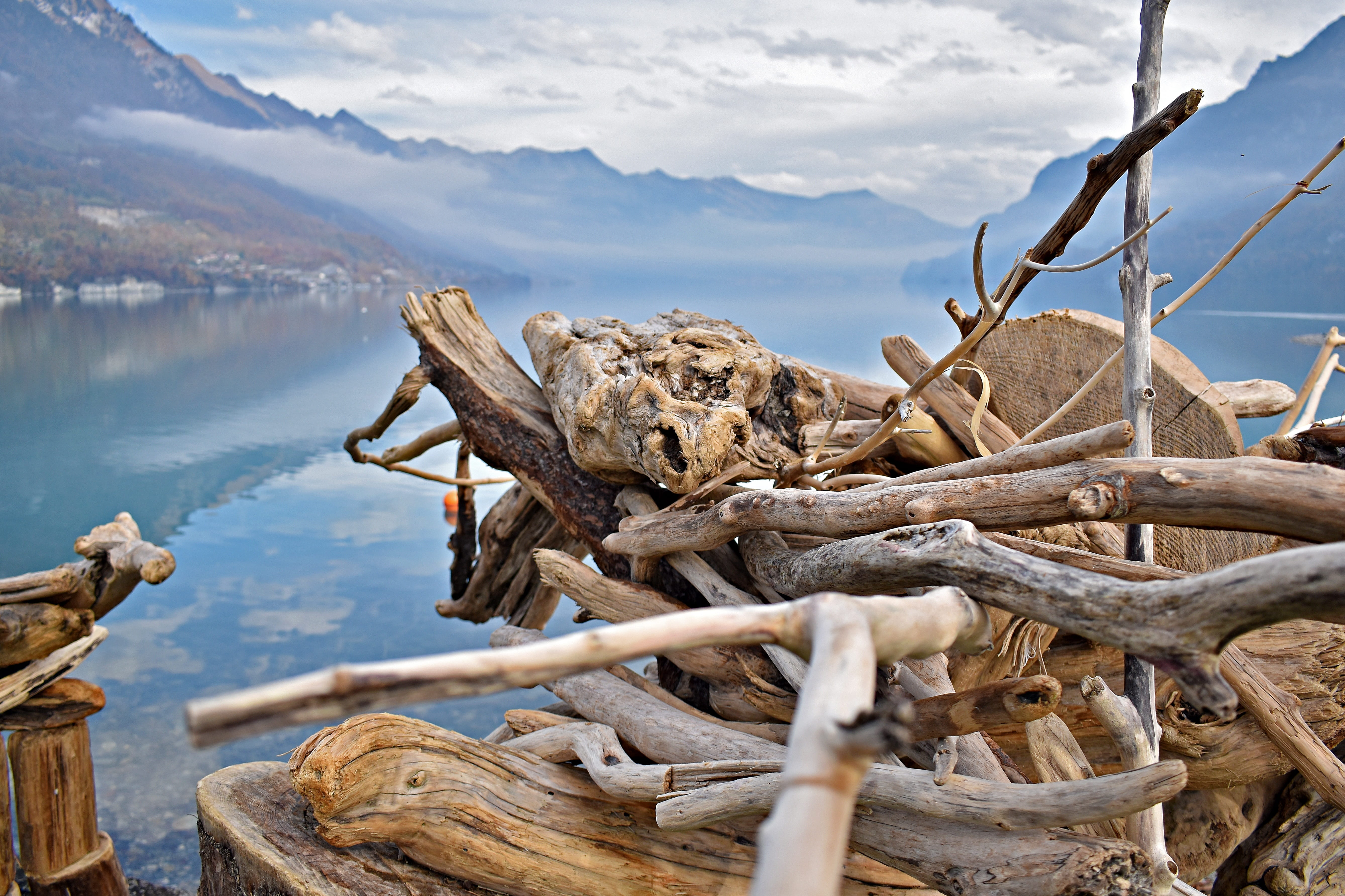 outdoors, mountains, nature, non-urban scene, dead plant, tranquil scene, wood - material, fog, landscape, alpine, mountain, outdoor, driftwood, switzerland, HD Wallpaper