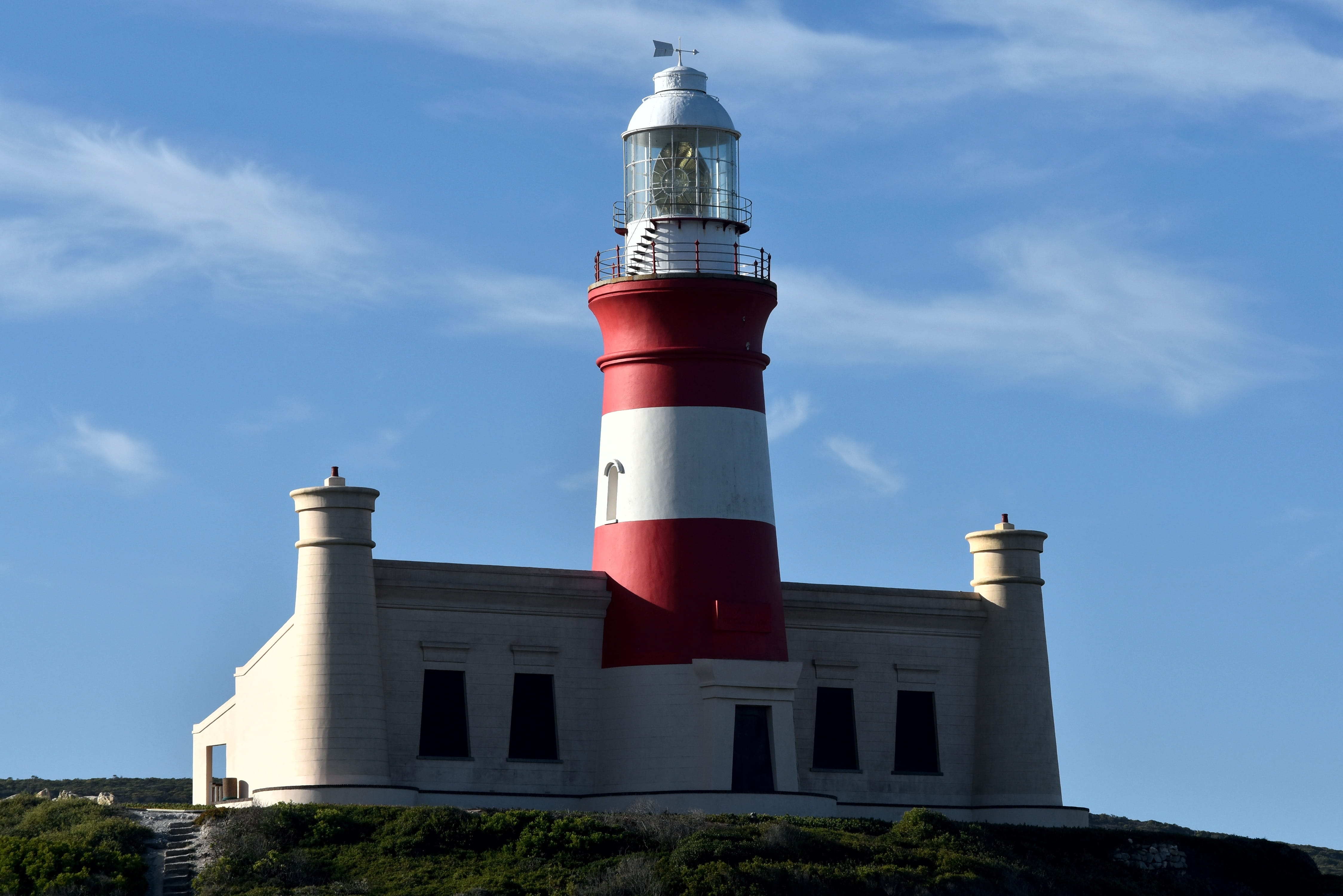 lighthouse, day, outdoors, protection, tower, building exterior, guidance, 4K, no people, cloud - sky, architecture, low angle view, africa, built structure, HD Wallpaper