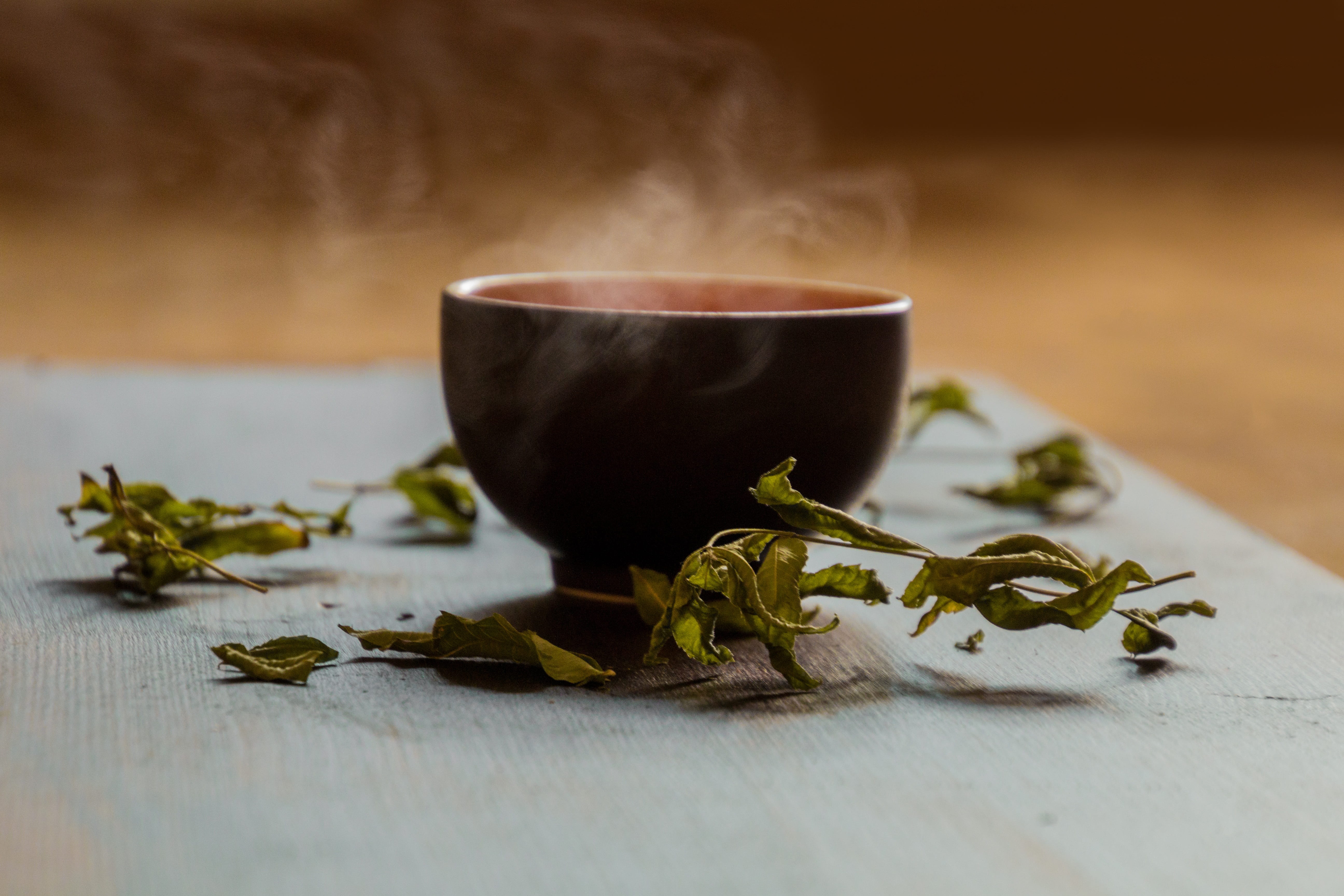 table, green tea, bowl, earl gray, leaf, tea - hot drink, drink, close-up, selective focus, studio shot, tee, tea leaves, teatime, wood - material, steam, HD Wallpaper