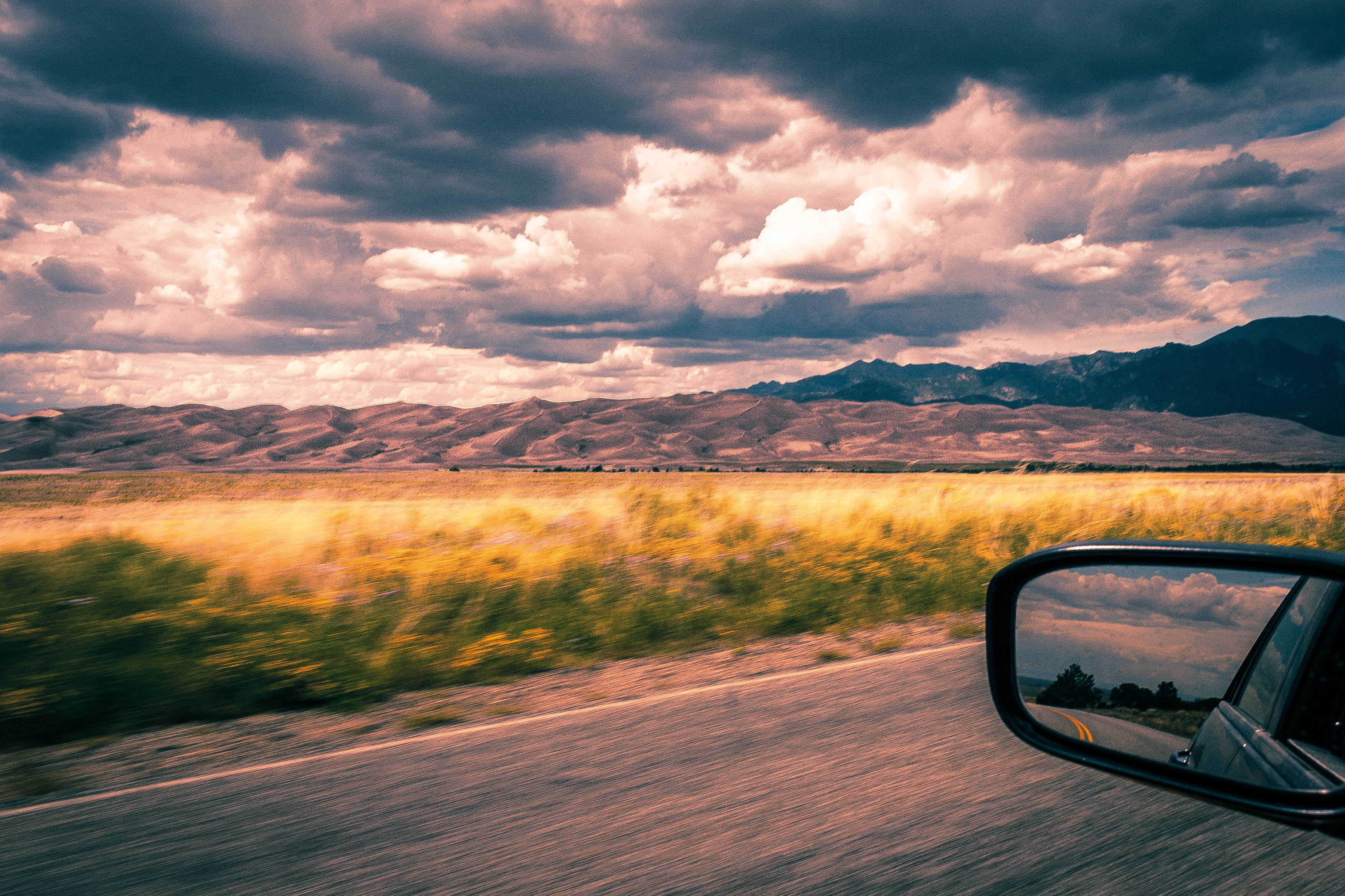 green, grass, road, canon  20d, 2K, cloudy, Great Sand Dunes National Park, green grass, sky, outdoors, scenics, Wanderlust, landscape, car, on the road, HD Wallpaper