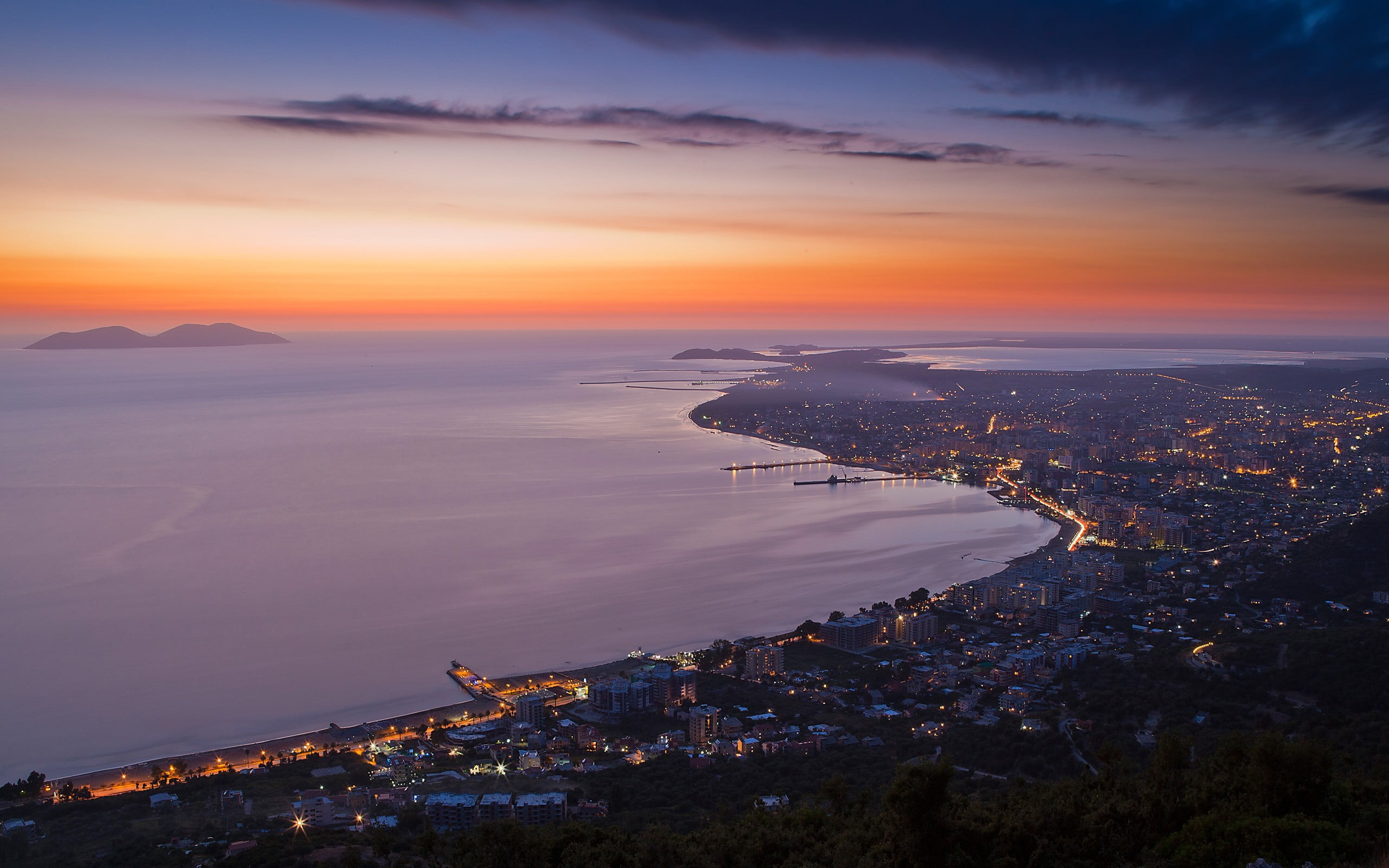 residential district, cloud - sky, nature, urban Scene, no people, coast, built Structure, mountain, coastal, bay Of Water, twilight, Albania, high angle view, HD Wallpaper