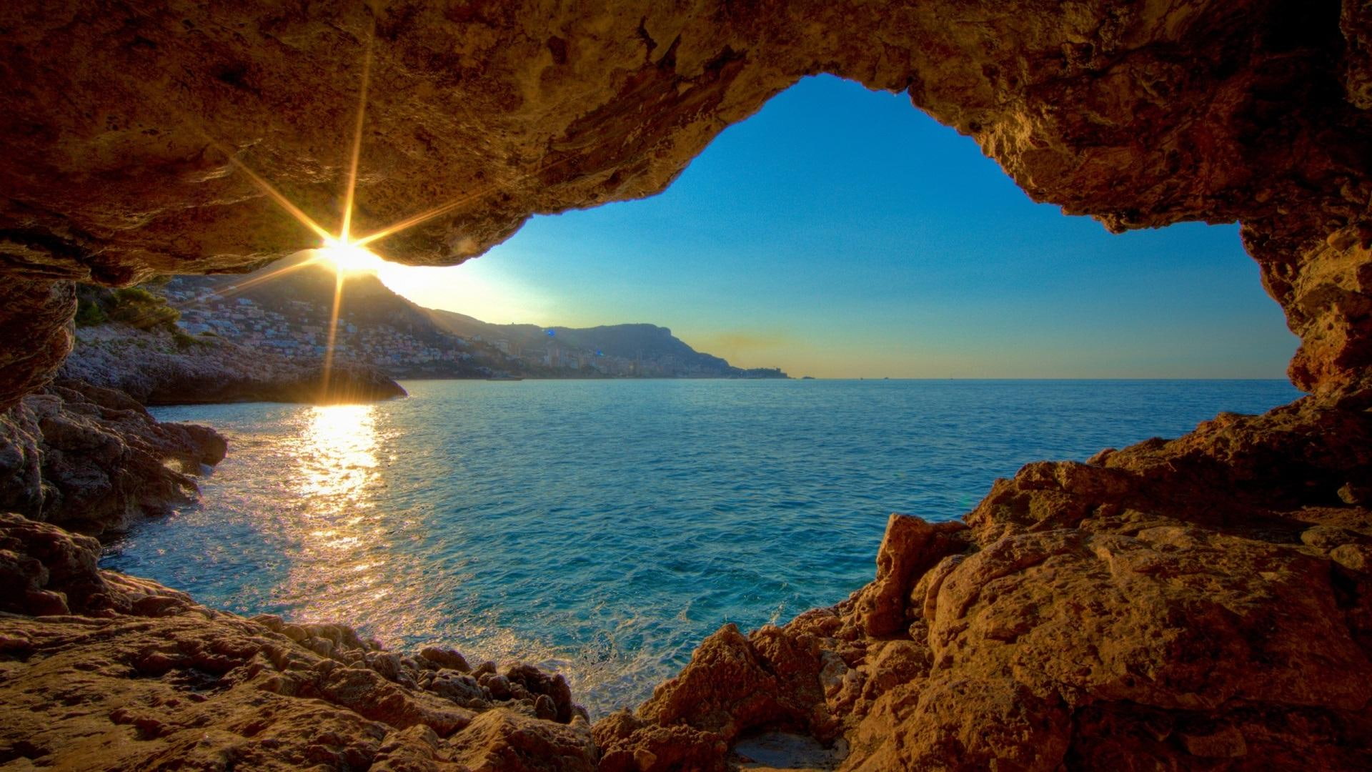 mountains, glorious, cave, 1080P, sunrise, coast, coastal, nature and landscapes, HD Wallpaper
