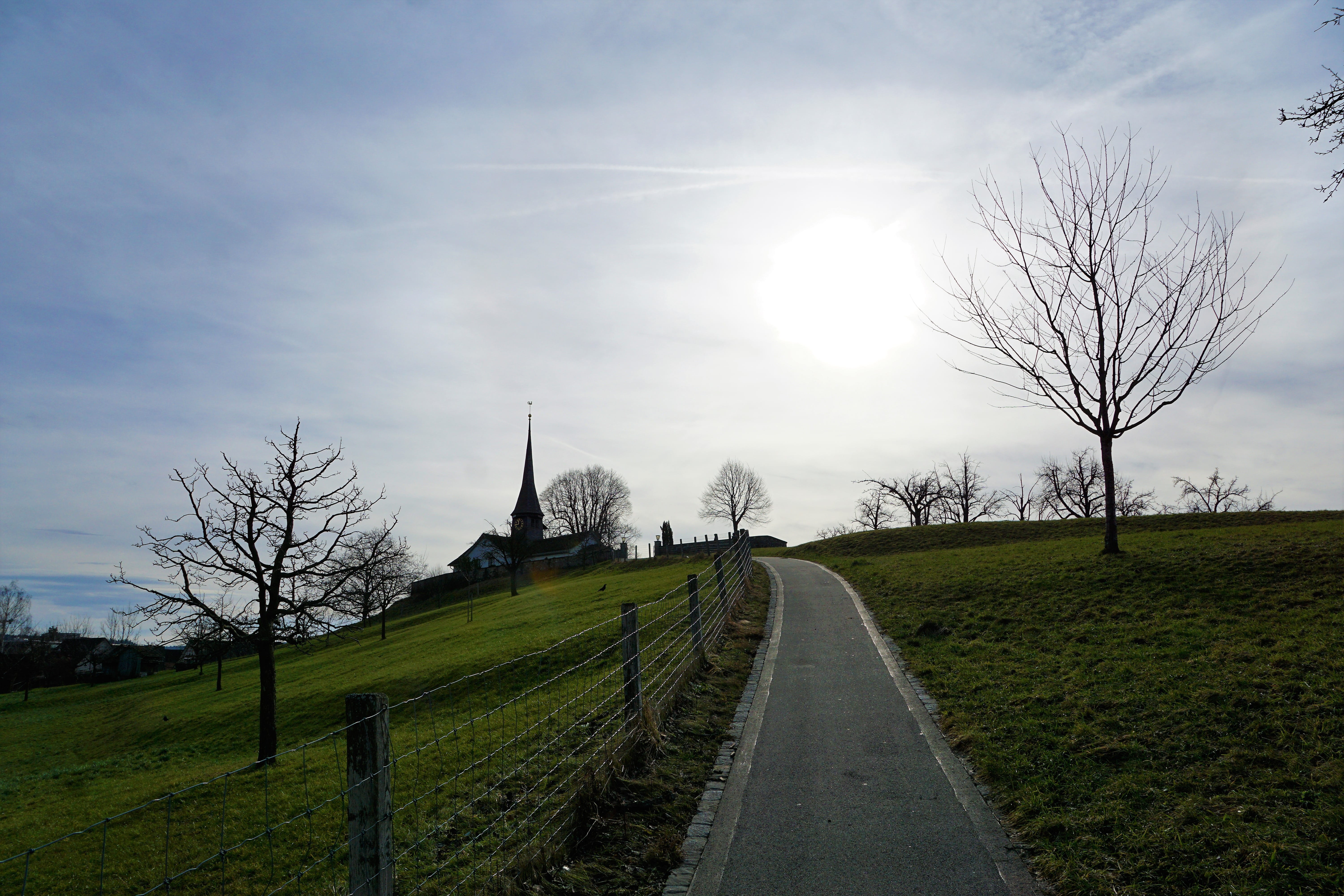 condolences, rural, scenics - nature, panorama, agriculture, grass, church, horizon, meditation, outdoors, beauty, no people, land, switzerland, hike, death, HD Wallpaper