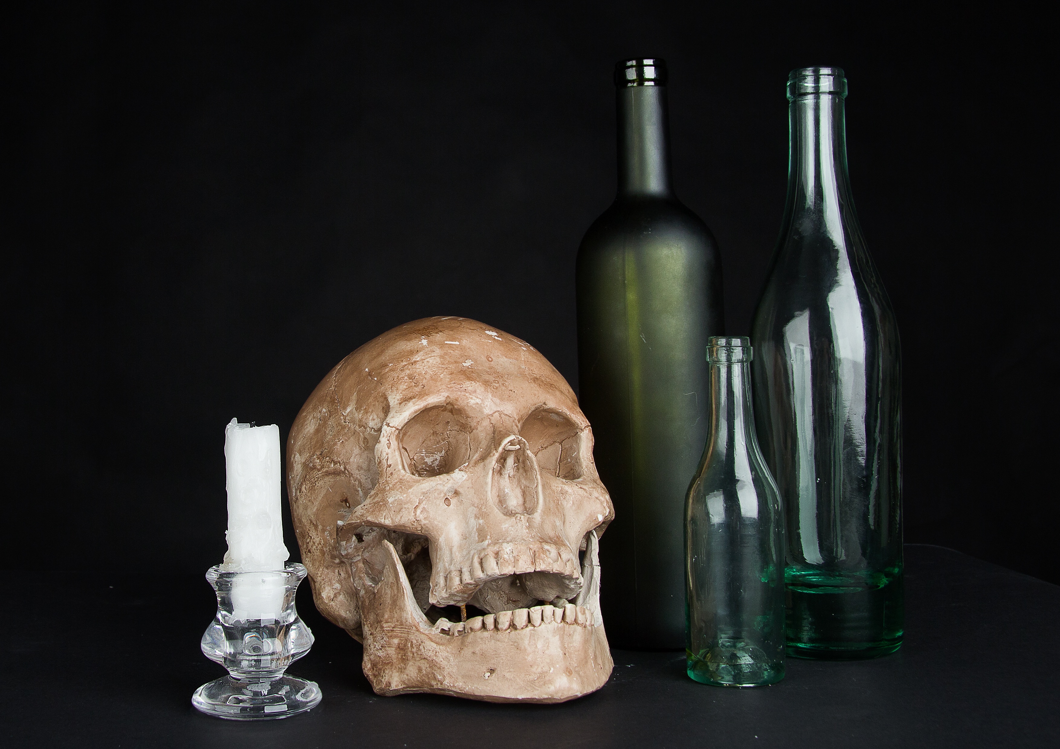 the bottle, light, glass, photo, refreshment, 2K, still life, black background, black, human skeleton, indoors, wine bottle, brown, composition, studio, HD Wallpaper