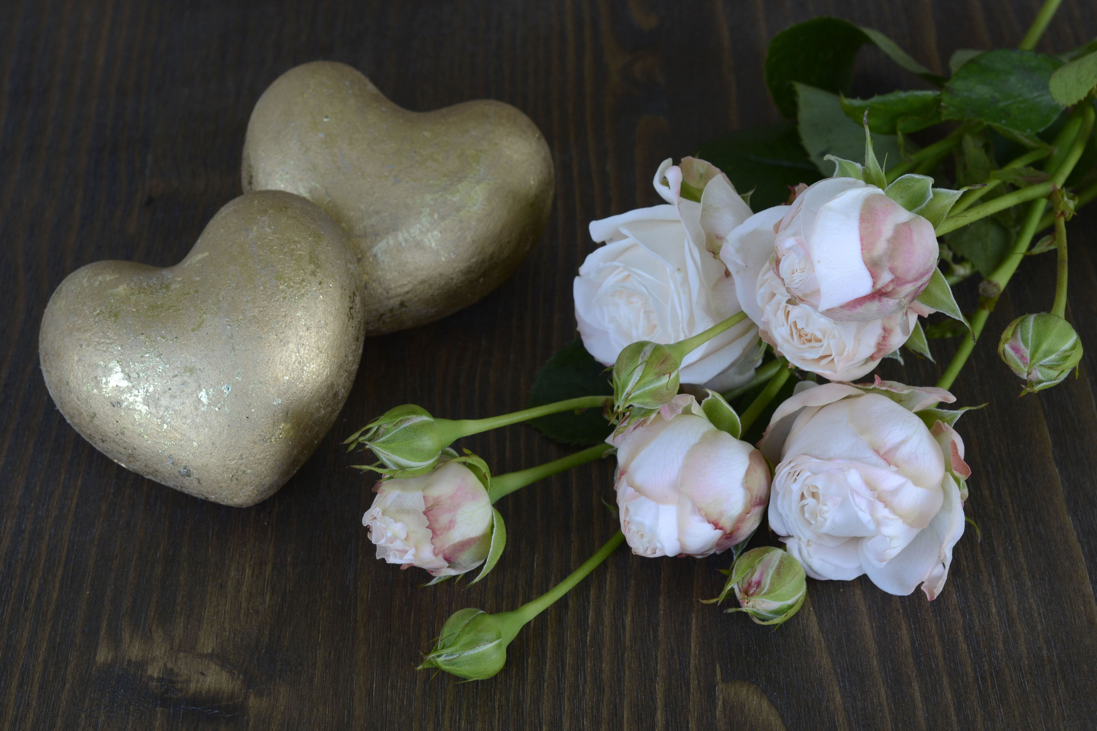 petal, five, golden, romance, close-up, petaled, 4K, wood - Material, still life, brown, backgrounds, heart, freshness, flower, salmon, wedding, stone hearts, HD Wallpaper
