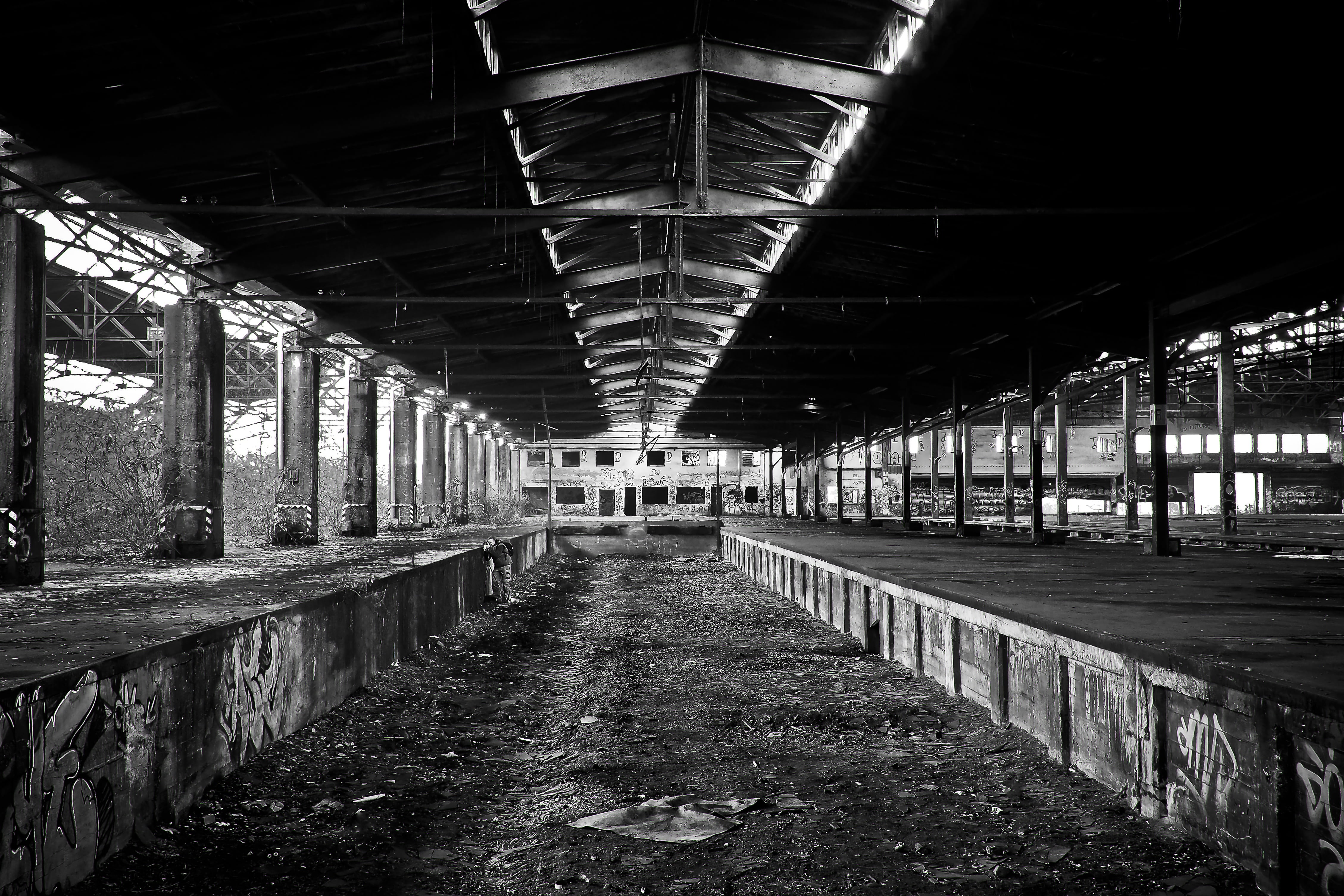 railway depot, factory building, pforphoto, void hall, finiteness, goods station, leave, forget, unused, shipping charge hall, graffiti, nature, neglected, HD Wallpaper