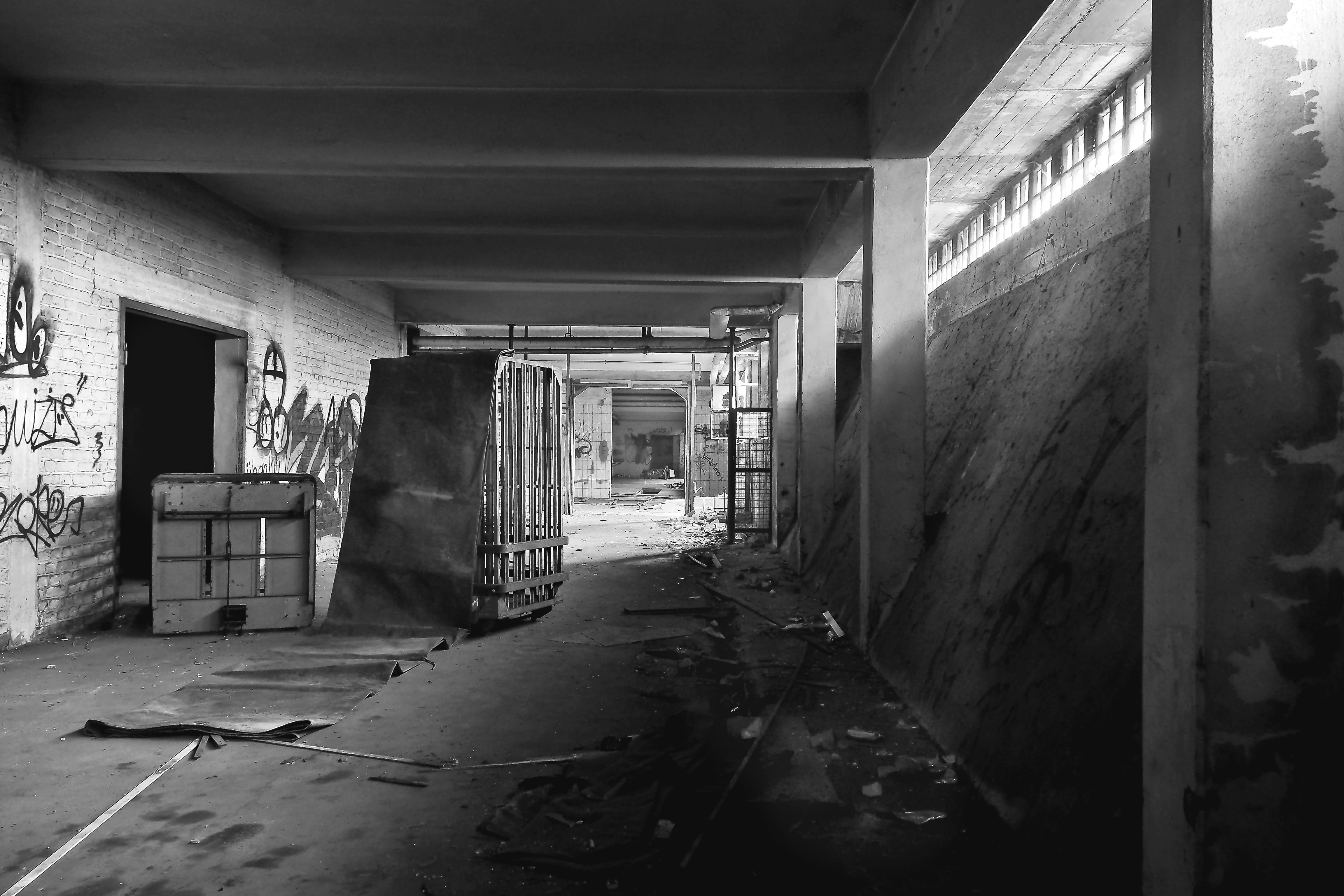 black white, vault, Ruin, railway depot, direction, damaged, forget, dolly cart, mystical, alley, graffiti, door, trolley, finiteness, absence, shadow, HD Wallpaper
