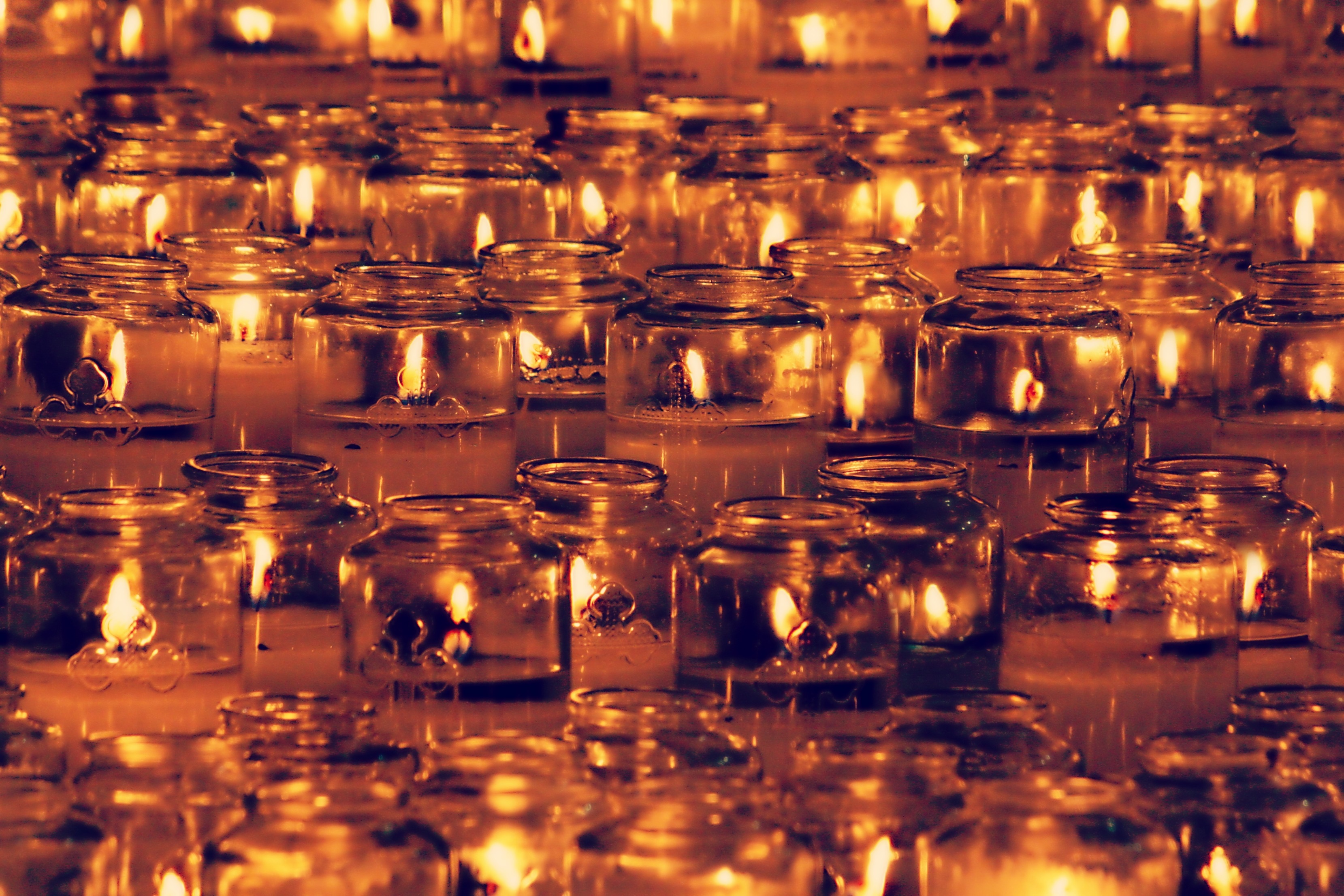 bright, large group of objects, full frame, white, church, holiday, wax, spirituality, table, fire, food and drink, glass, shiny, close-up, indoors, glow, HD Wallpaper