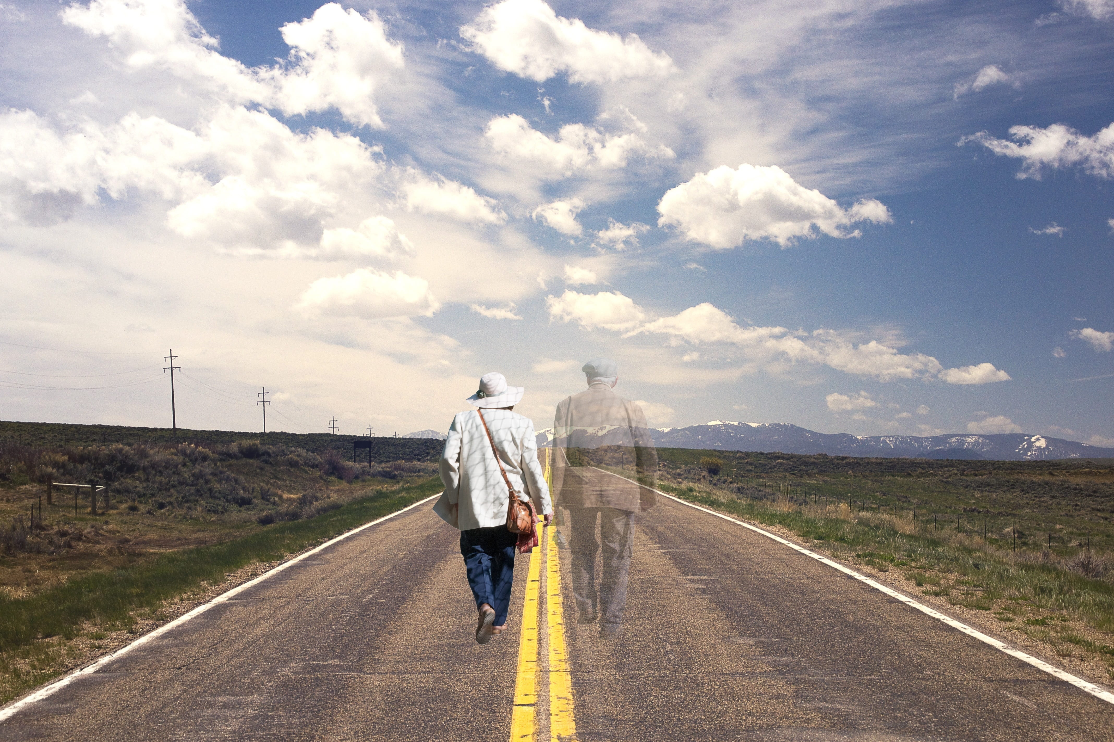 mourning, cloud - sky, ghost, going, marking, old, road, horizon, couple, allegory, memory, grief, symbol, keep, full length, the way forward, sign, elderly couple, HD Wallpaper