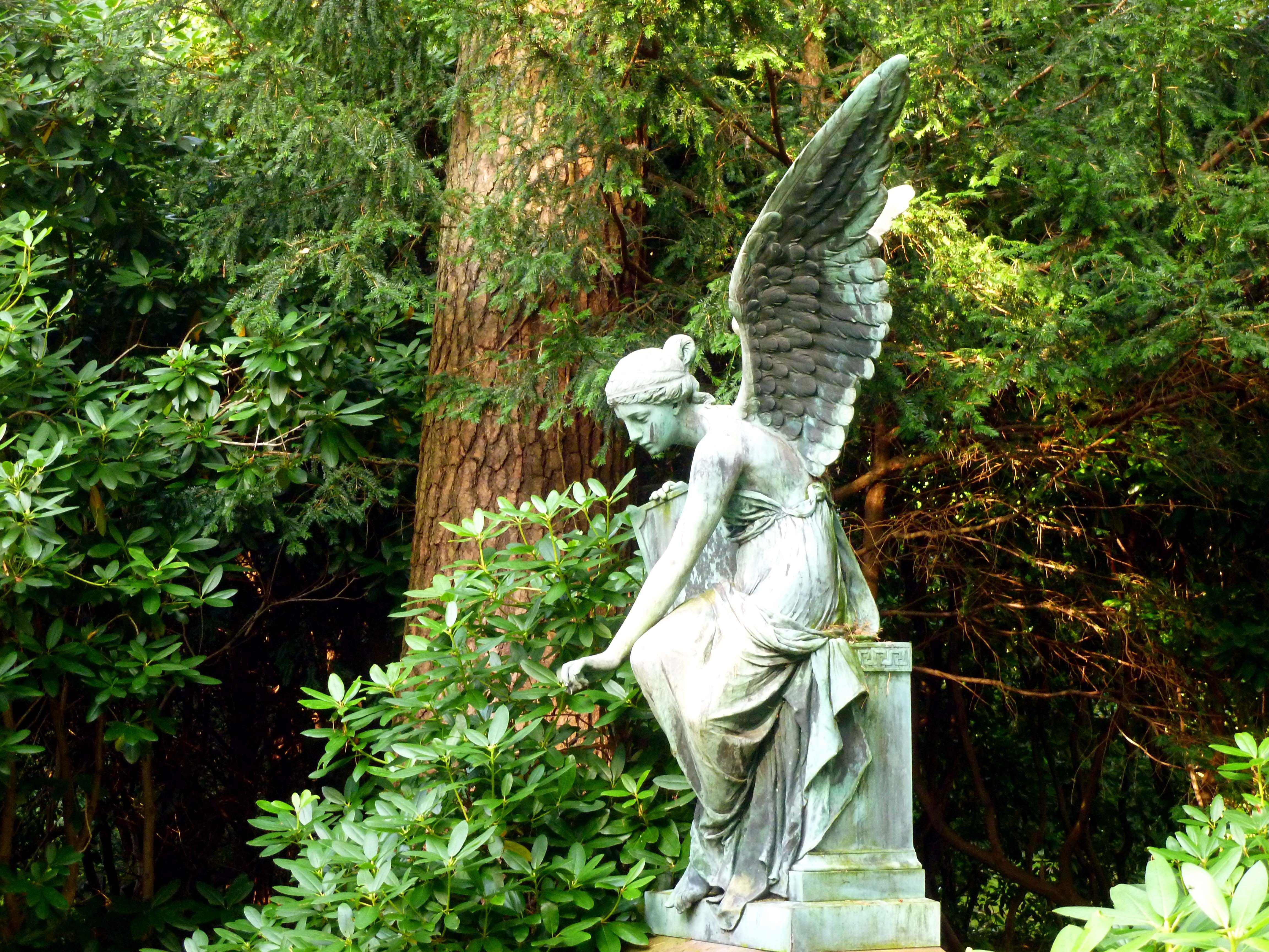 female likeness, no people, nature, green color, consolation, symbol, human representation, cemetery, beautiful, craft, angel figure, tombstone, tree, death, HD Wallpaper