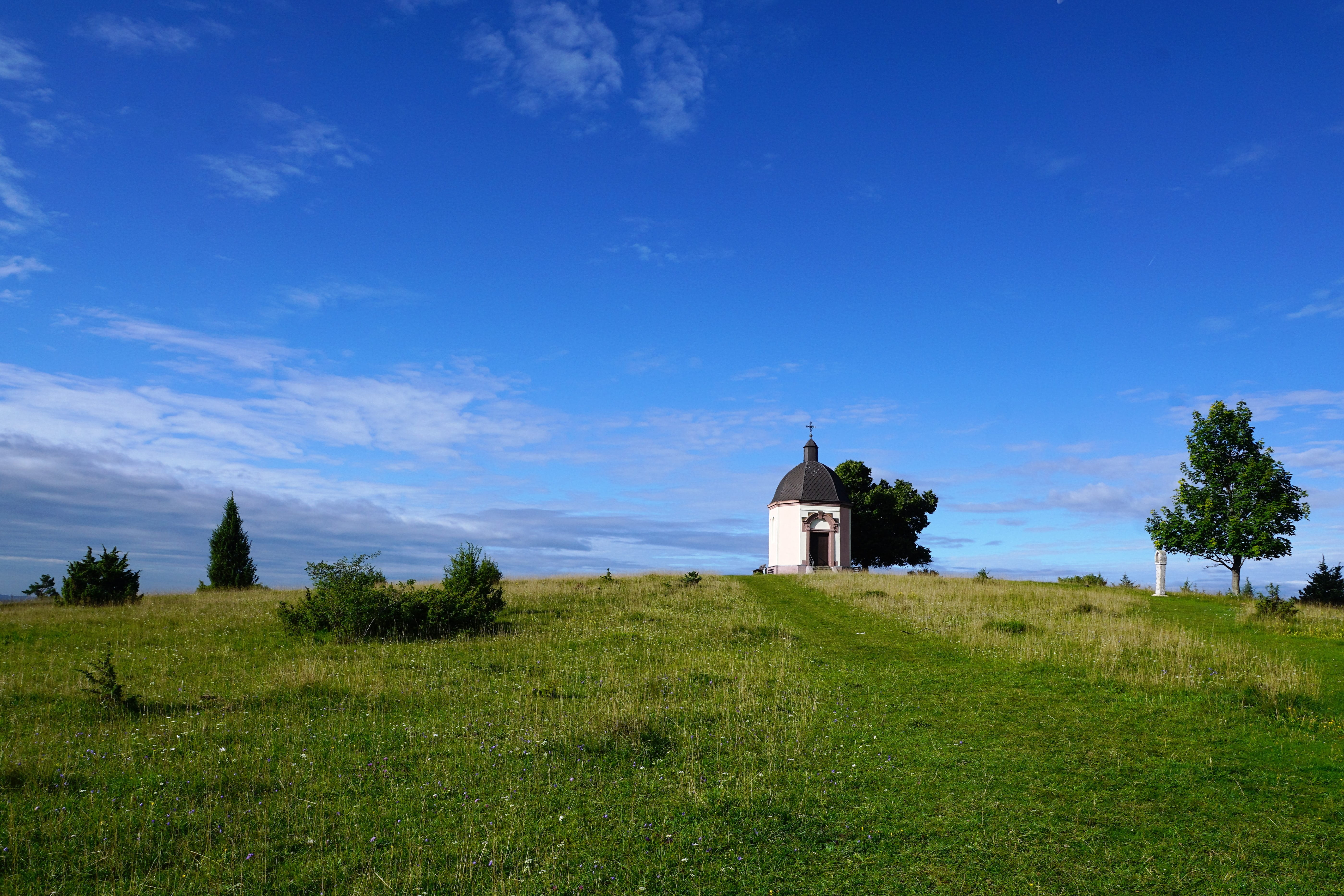 spring, luck, blue, nature, summer, day, spire, tree, böttingen, pentecost, party, chapel, creative, place of worship, land, building exterior, building, HD Wallpaper