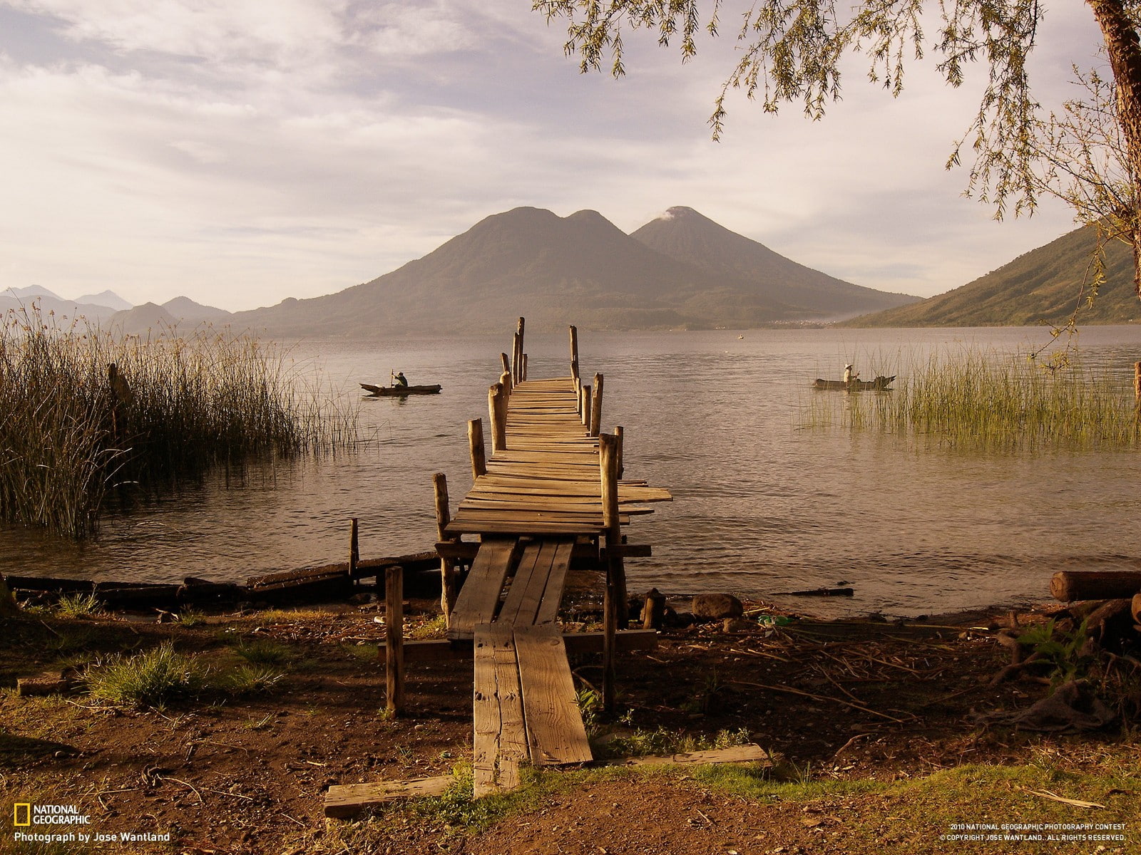 tranquility, scenics - nature, lake, wood - material, Atitlán Lake, pier, water, cloud - sky, idyllic, day, National Geographic, no people, boat, nature, HD Wallpaper