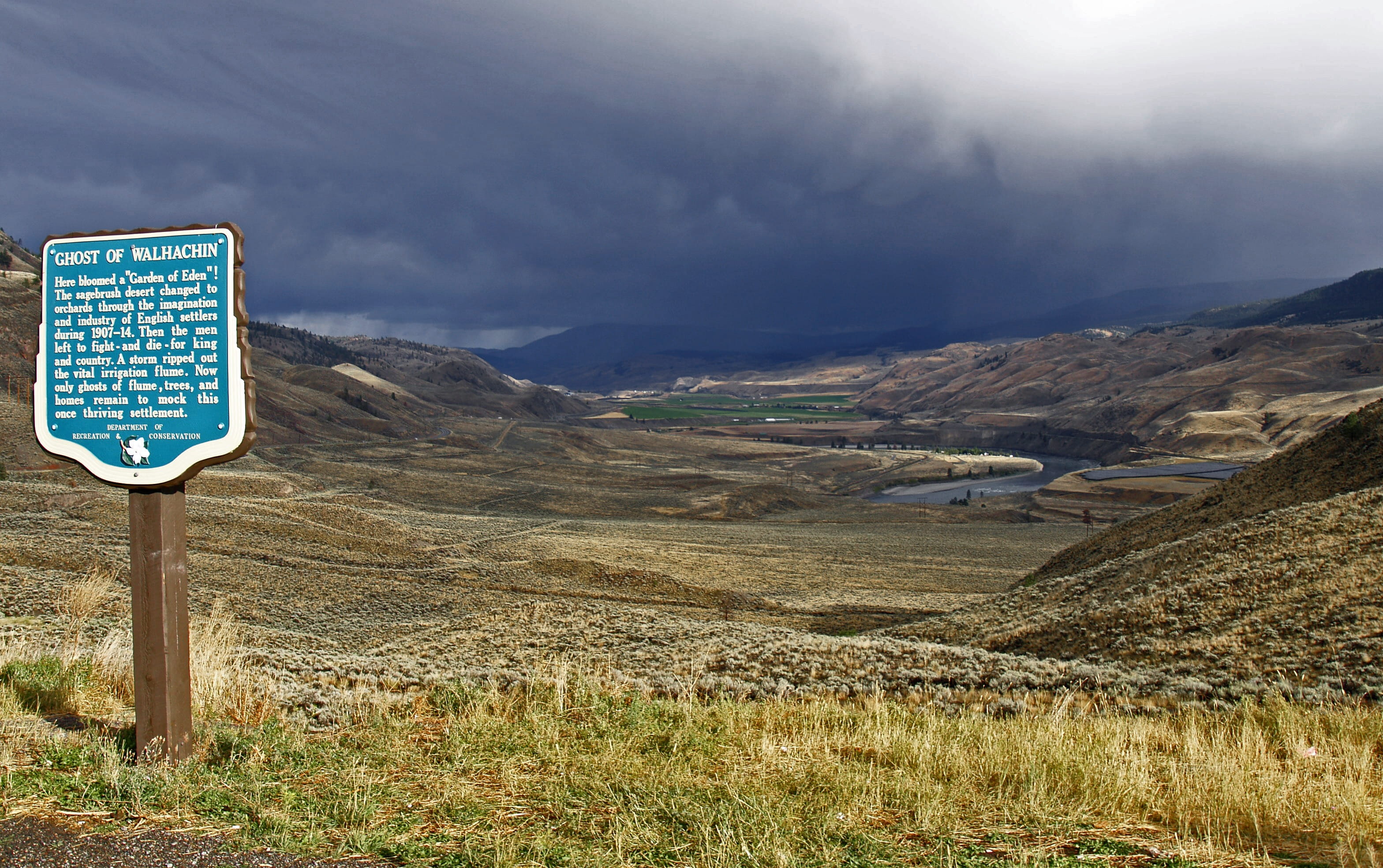 grass, river, mountain, road sign, thunderstorm, cloud - sky, day, landscape, canada scenery, Kamloops, no people, scenics, sign, sky, 2K, ghost of walhachin, HD Wallpaper