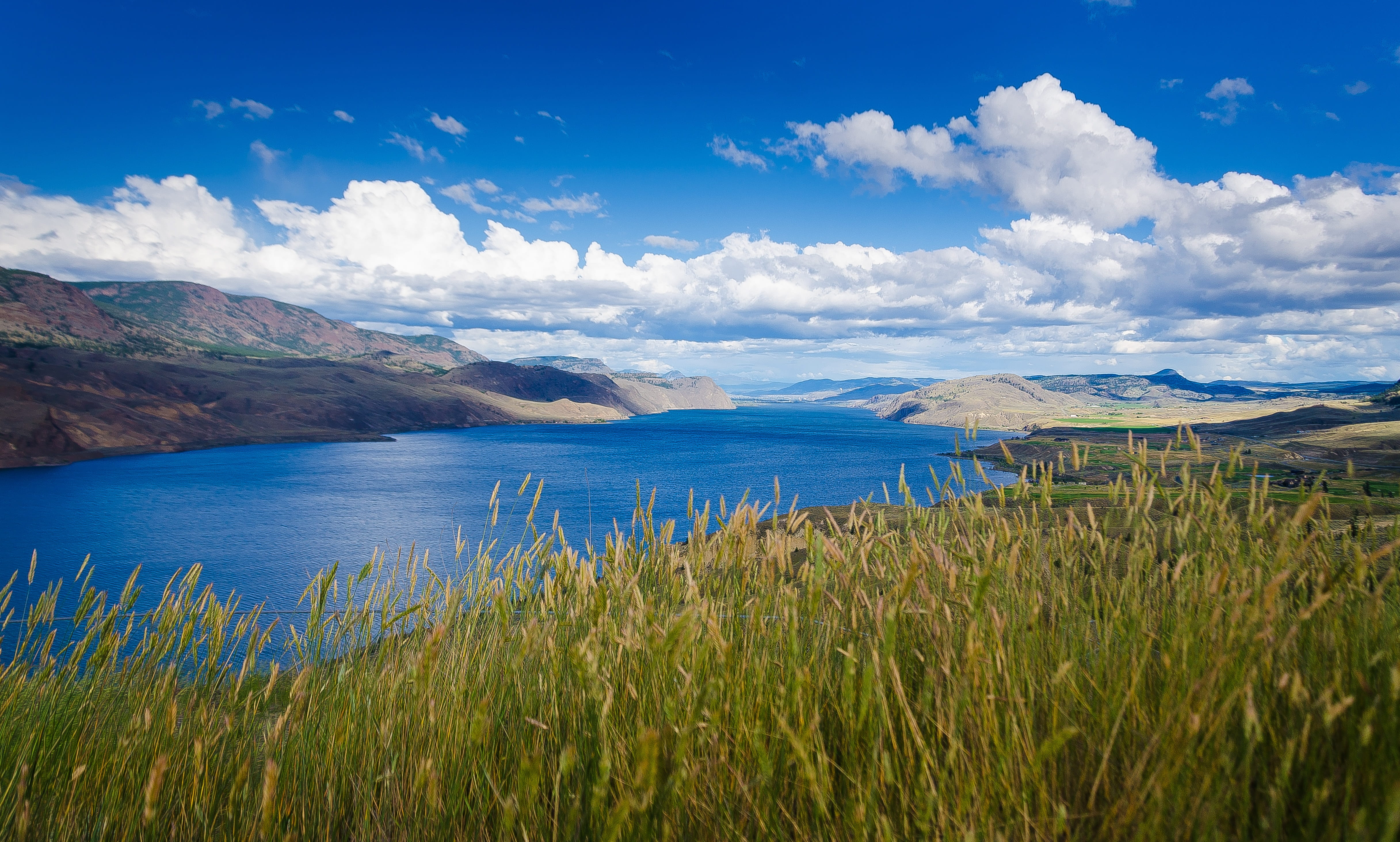 sea, scenics, beach, cloud - sky, mountain, Kamloops, blue, beautifulbc, green Color, nature, environment, 4K, land, panoramic, lake, travel, mountain Range, HD Wallpaper