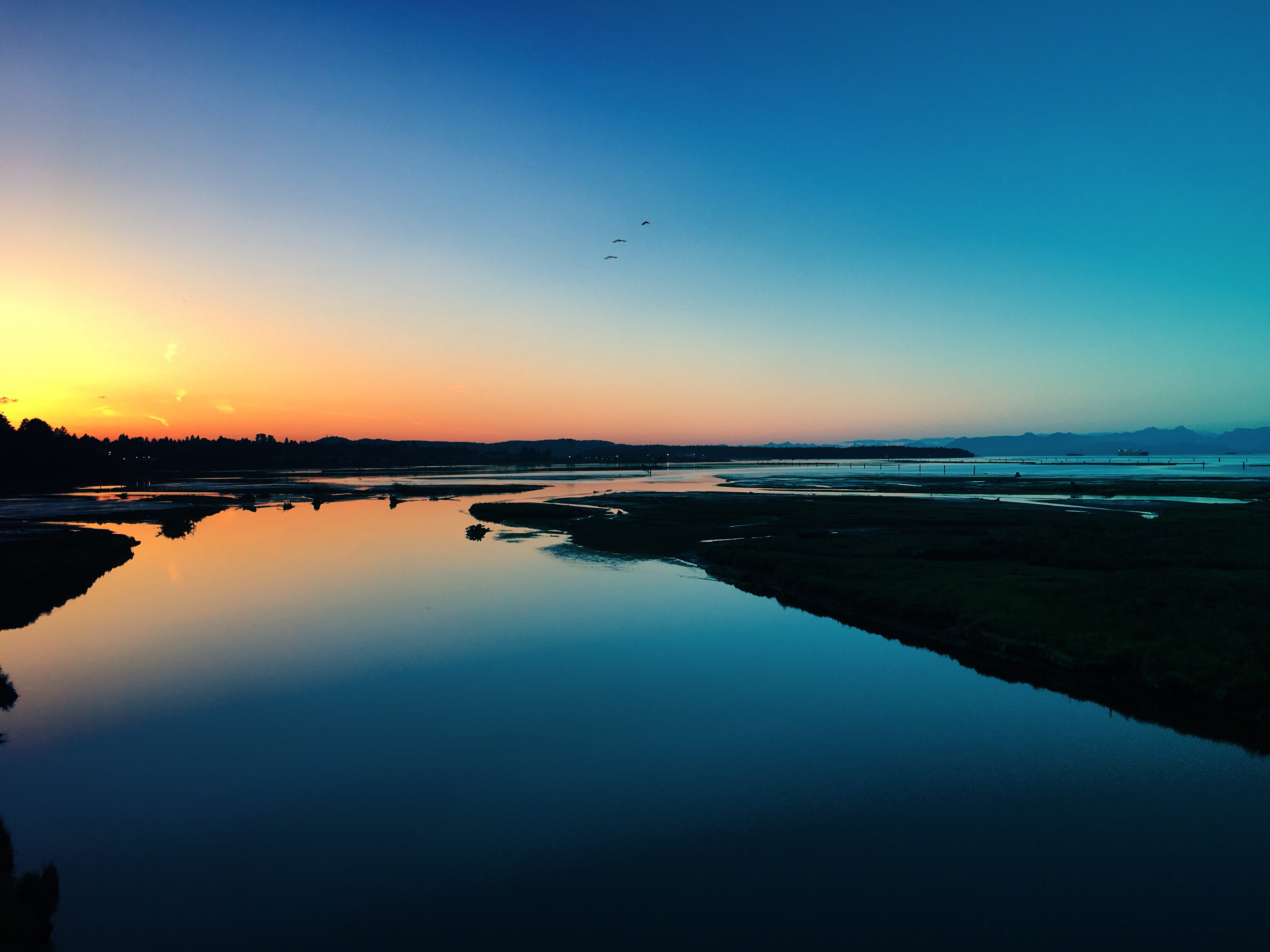 blue sky, idyllic, no people, sky, nature, silhouette, sunsets, bc, non-urban scene, british columbia, dusk, waterfront, sea, tranquil scene, clear sky, HD Wallpaper