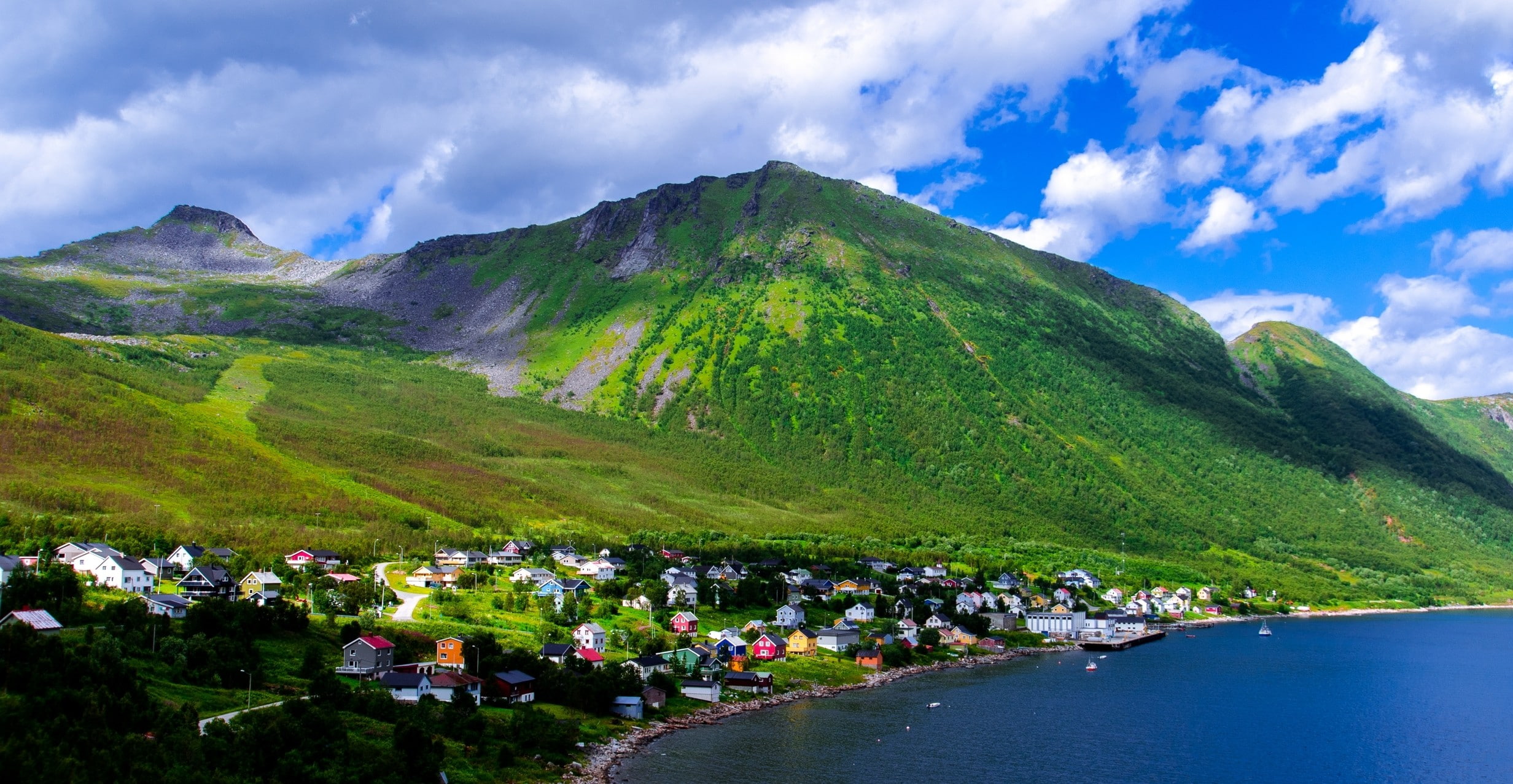 rock, sky, building exterior, scenics - nature, boat, mountain, sea, 1080P, clouds, Norway, trees, town, shadow, beauty in nature, fjord, water, tranquility, HD Wallpaper