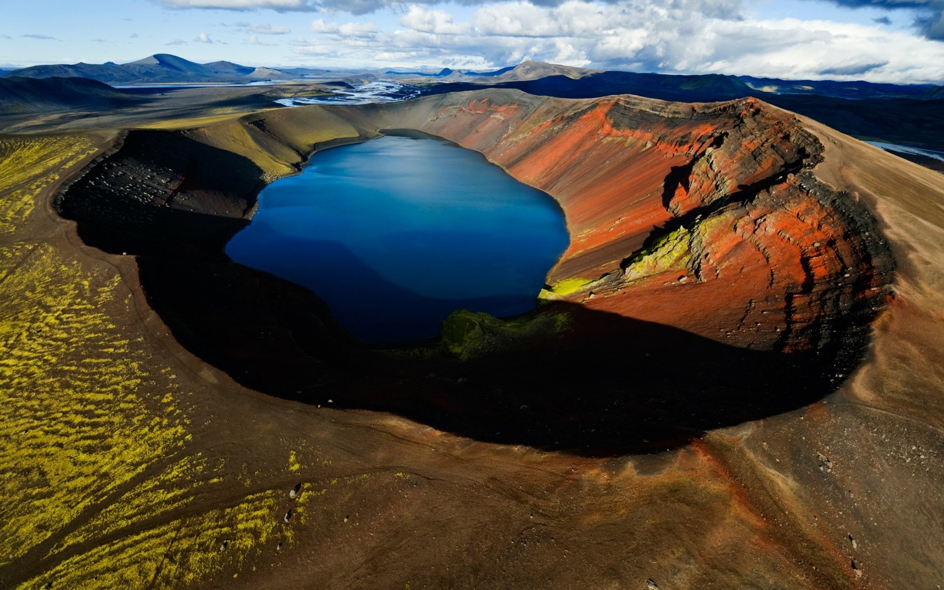 mountains, hills, lake, 1080P, nature, water, landscape, clouds, shadow, crater, HD Wallpaper