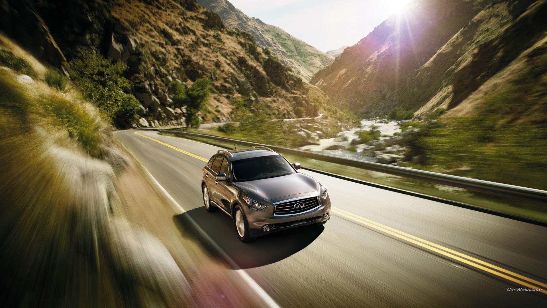 speed, sunlight, landscape, day, nature, Infiniti FX, mountain, motor vehicle, road, 1080P, land vehicle, blurred motion, car, vehicle, non-urban scene, HD Wallpaper