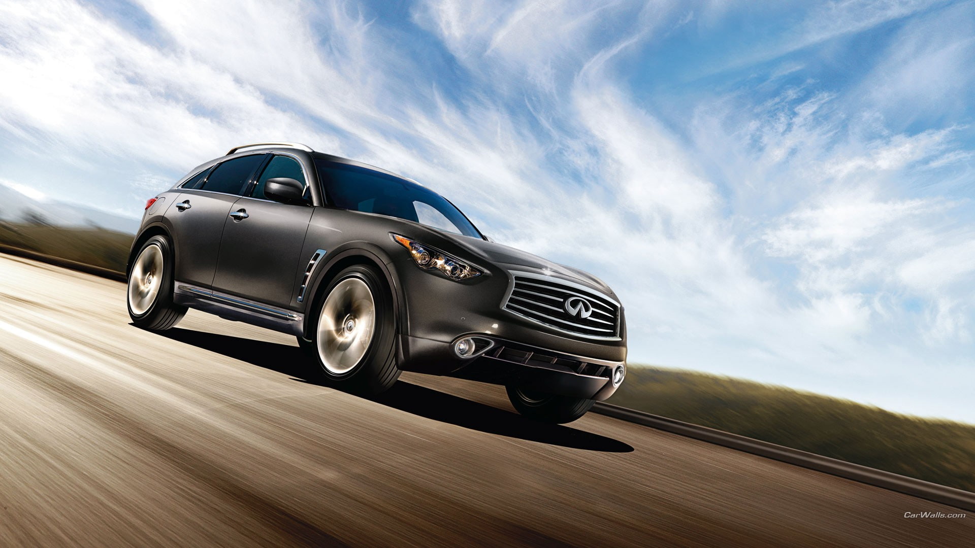 wheel, sky, driving, Infiniti FX, road, transportation, car, land vehicle, nature, sport, mode of transportation, 1080P, journey, blurred motion, tire, HD Wallpaper
