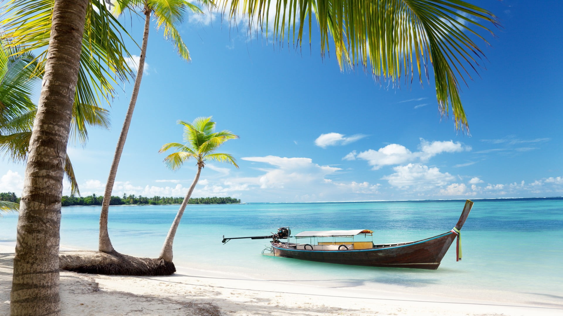 land, tropical climate, scenics - nature, landscape, boat, 1080P, mode of transportation, near, tranquility, tranquil scene, nature, shoreline, nautical vessel, HD Wallpaper