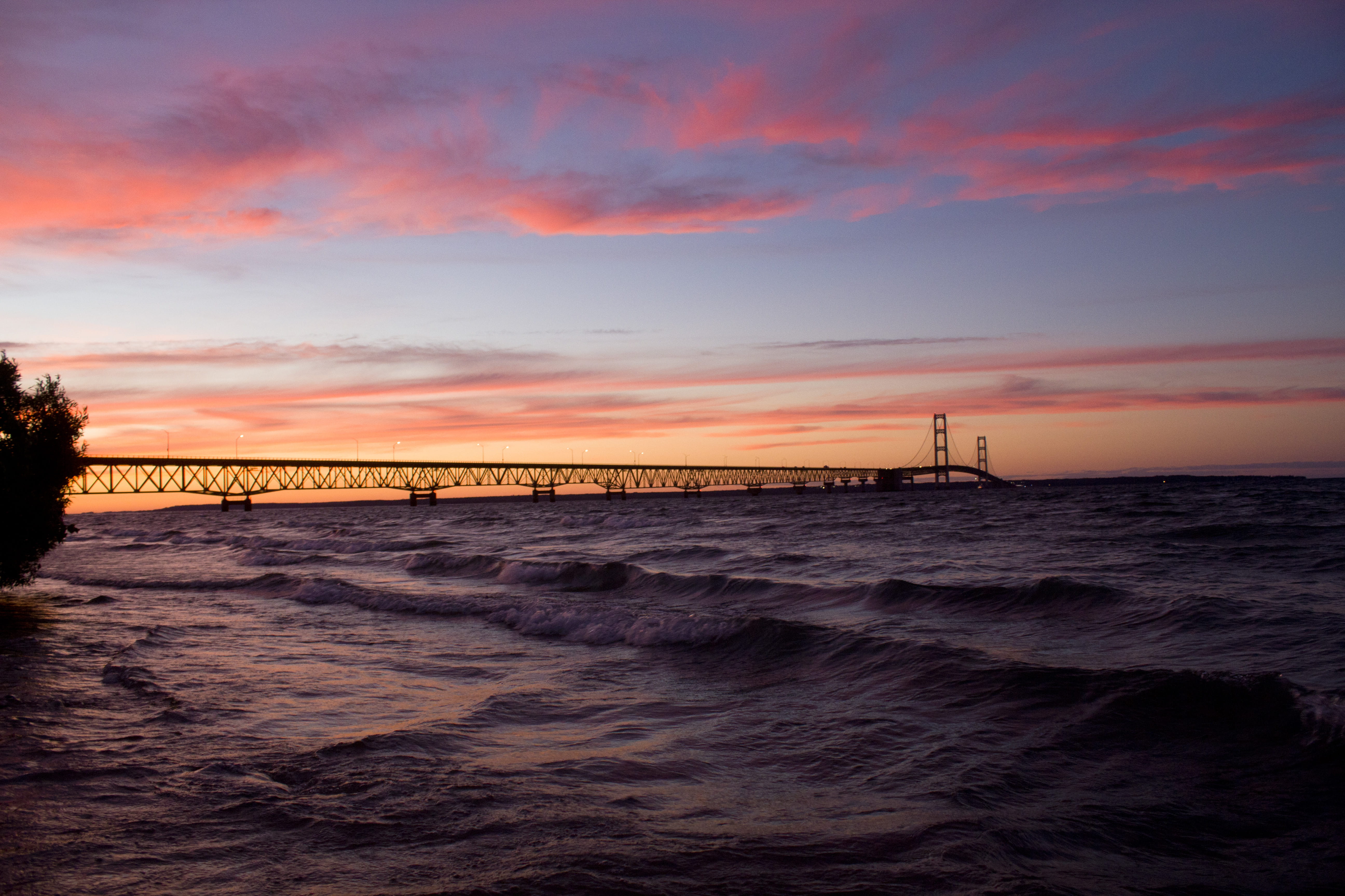 orange color, mackinaw city, trees, sunset, midwest, waterfront, sea, horizon over water, water, beach, mackinac bridge, no people, lake, michigan, beauty in nature, HD Wallpaper