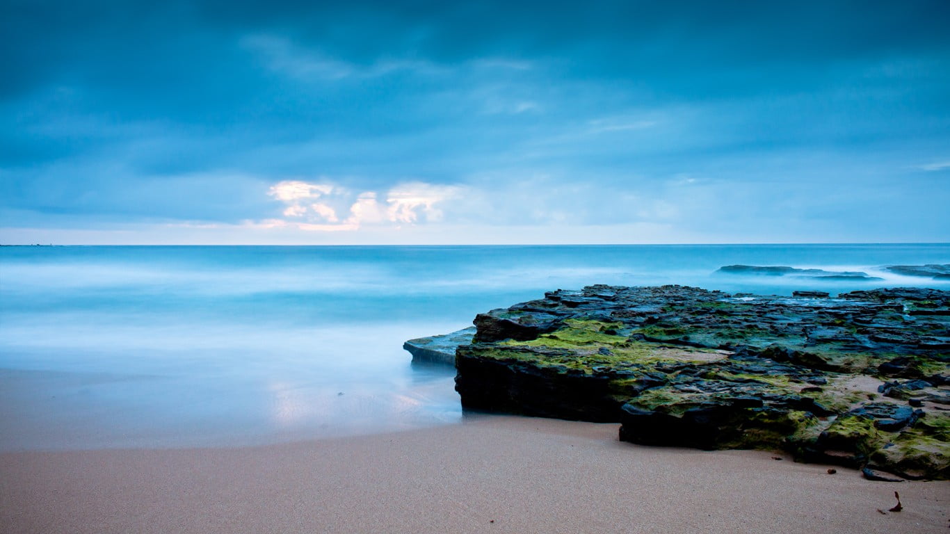 outdoors, tranquility, 720P, beside, calm waters, rock, moss, wet, cyan, nature, sea, horizon over water, beach, beauty in nature, land, day, idyllic, HD Wallpaper