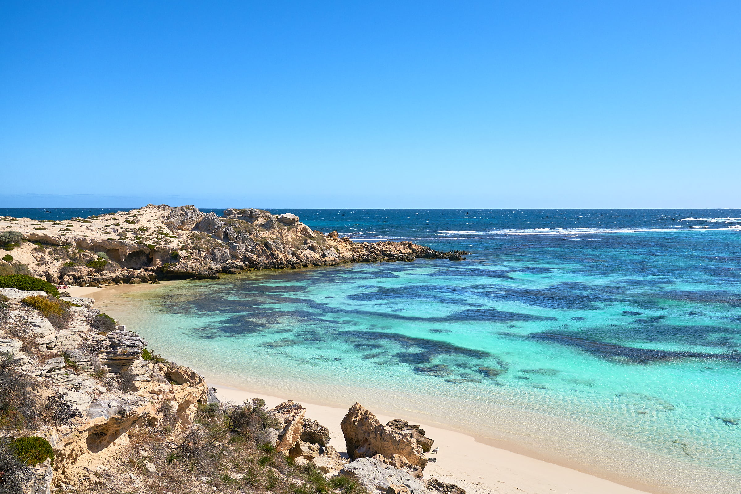 Australia, sand, landscape, summer, beach, shoreline, coastline, sea, europe, 1080P, cliff, Rottnest, scenics, blue, rock - Object, near, vacations, rock, HD Wallpaper