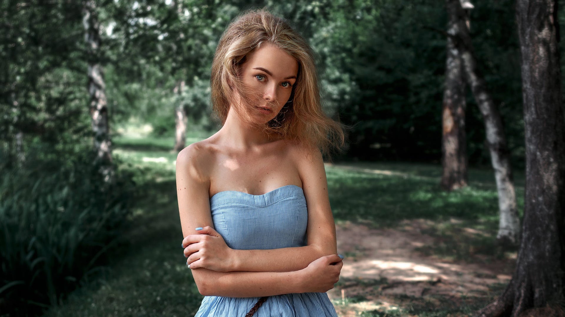 women outdoors, model, standing, young women, blond hair, hairstyle, focus on foreground, beauty, portrait, blonde, young adult, blue dress, outdoors, 1080P, HD Wallpaper