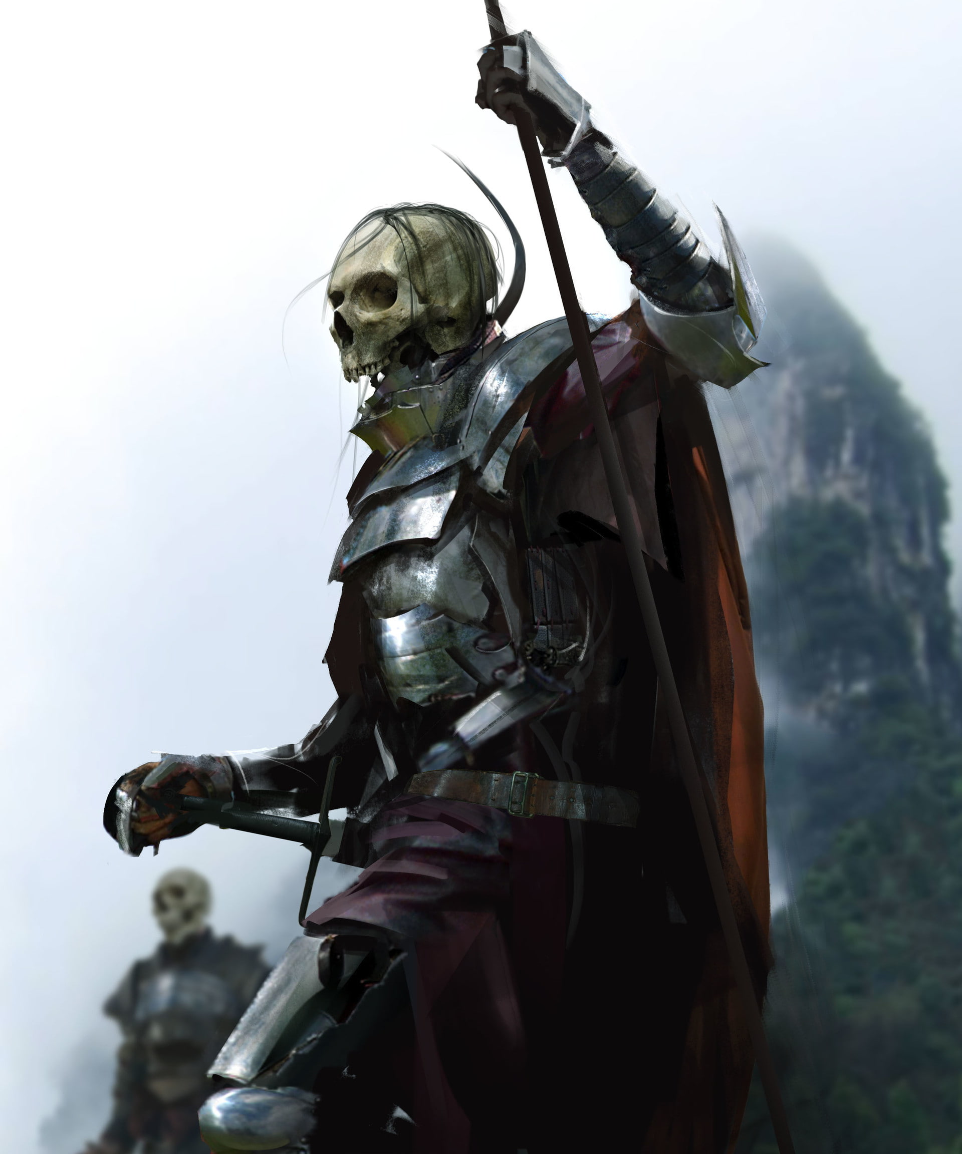 drawing, armor, knight, death, undead, dead, fantasy art, weapon, 1080P, skeleton, Phone HD Wallpaper