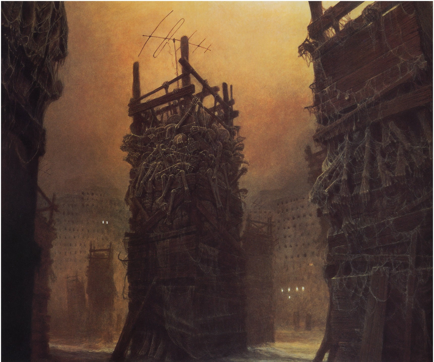zdzis, 720P, beksi, zdzisław beksiński, pincels, ski, buildings, skeleton, aw, HD Wallpaper