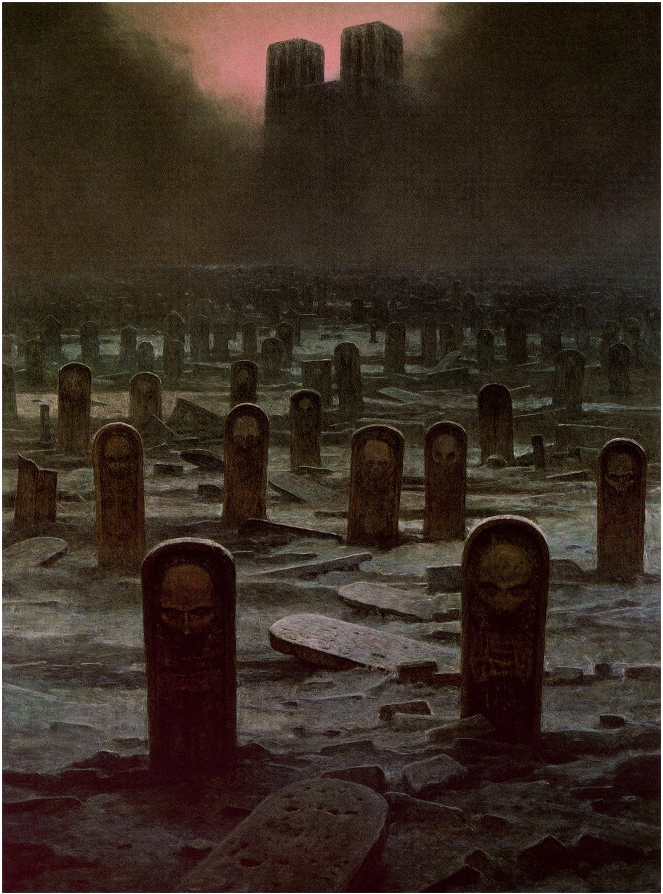 ski, buildings, zdzis, zdzisław beksiński, artwork, tombs, beksi, dark, aw, 720P, clouds, Phone HD Wallpaper