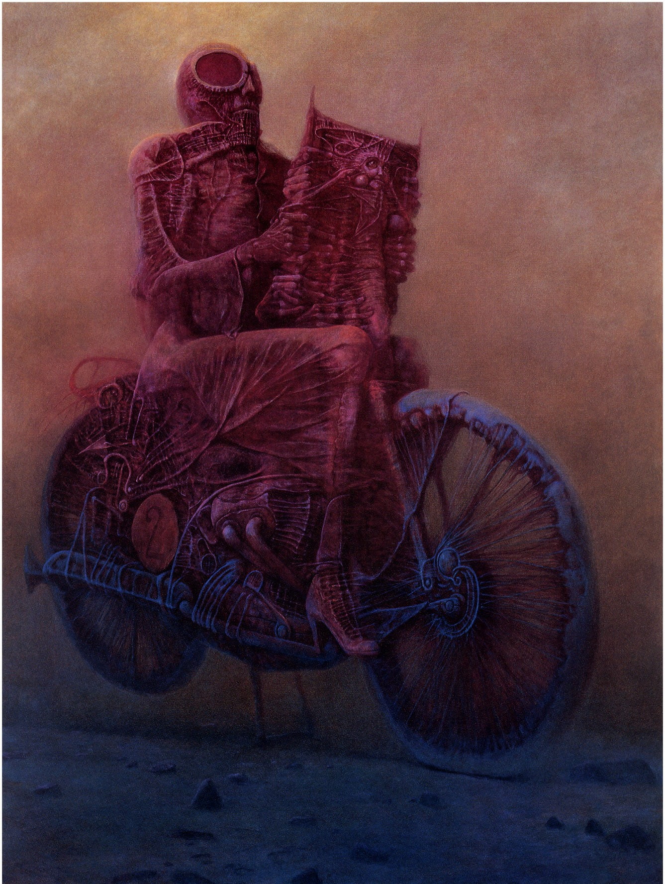 bicycle, 720P, illustration, man, artwork, motorcycle, beksi, riding, zdzis, skeleton, newspaper, zdzisław beksiński, aw, dark, ski, Phone HD Wallpaper