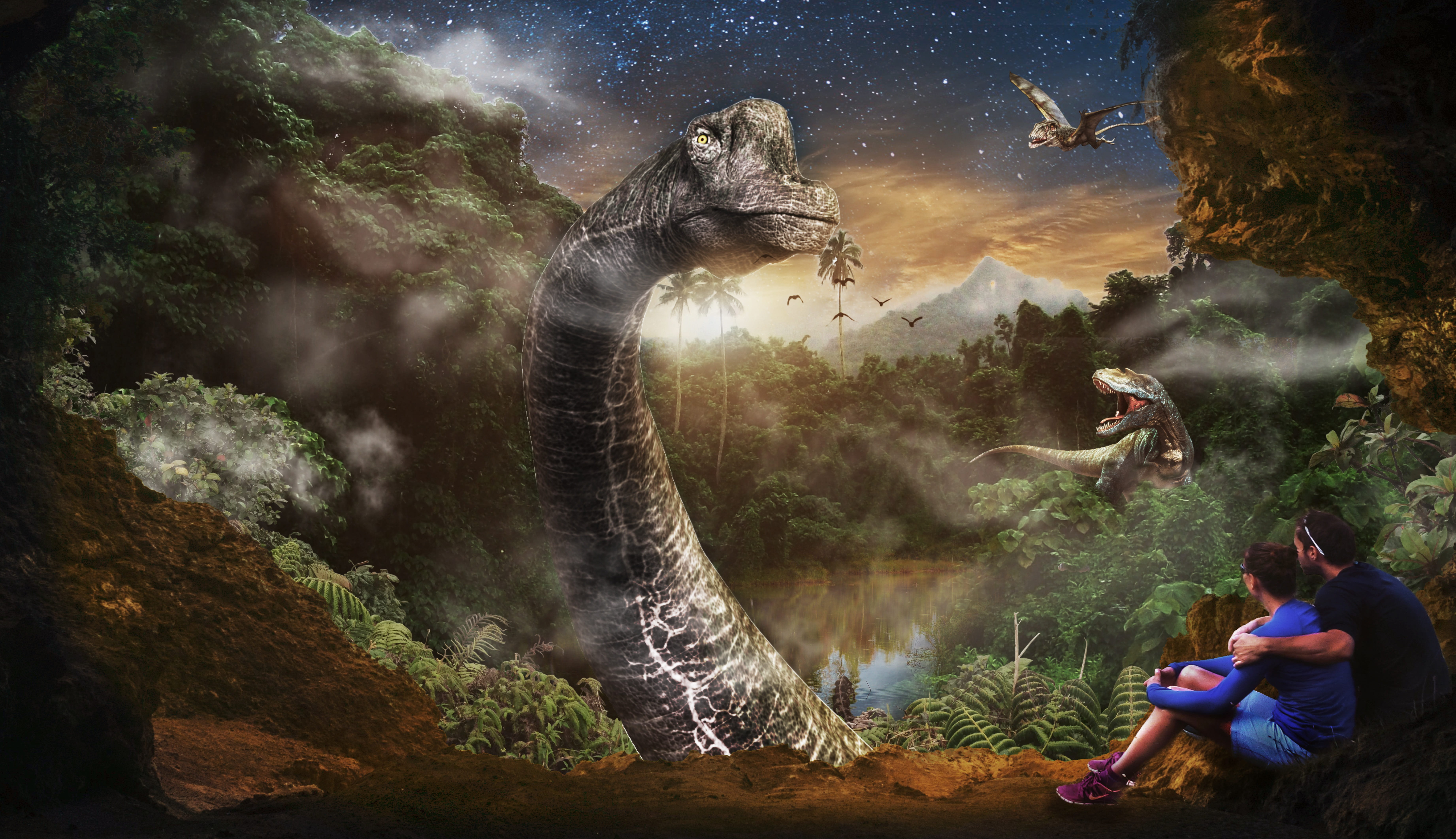 prehistoric times, solid, leisure activity, dinosaur, dangerous, reptile, people, nature, animal wildlife, rock - object, two people, lifestyles, vacations, HD Wallpaper
