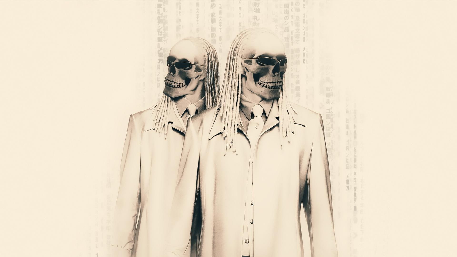 1920x1080, fantasy, 1080P, sketches, skull, skeletons, skeleton, two, HD Wallpaper