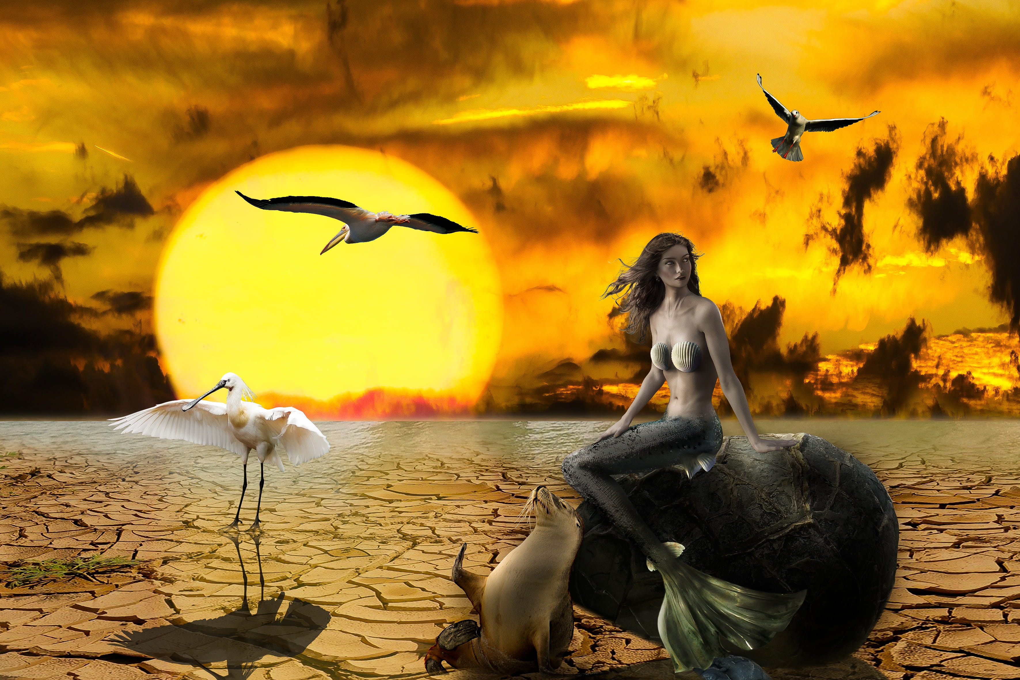 hour, seal, sunset, fantasy, climate warming, Nature, dehydrated, sun, orange color, animal, stone, group of animals, seagull, beside, Composing, Climate Change, HD Wallpaper