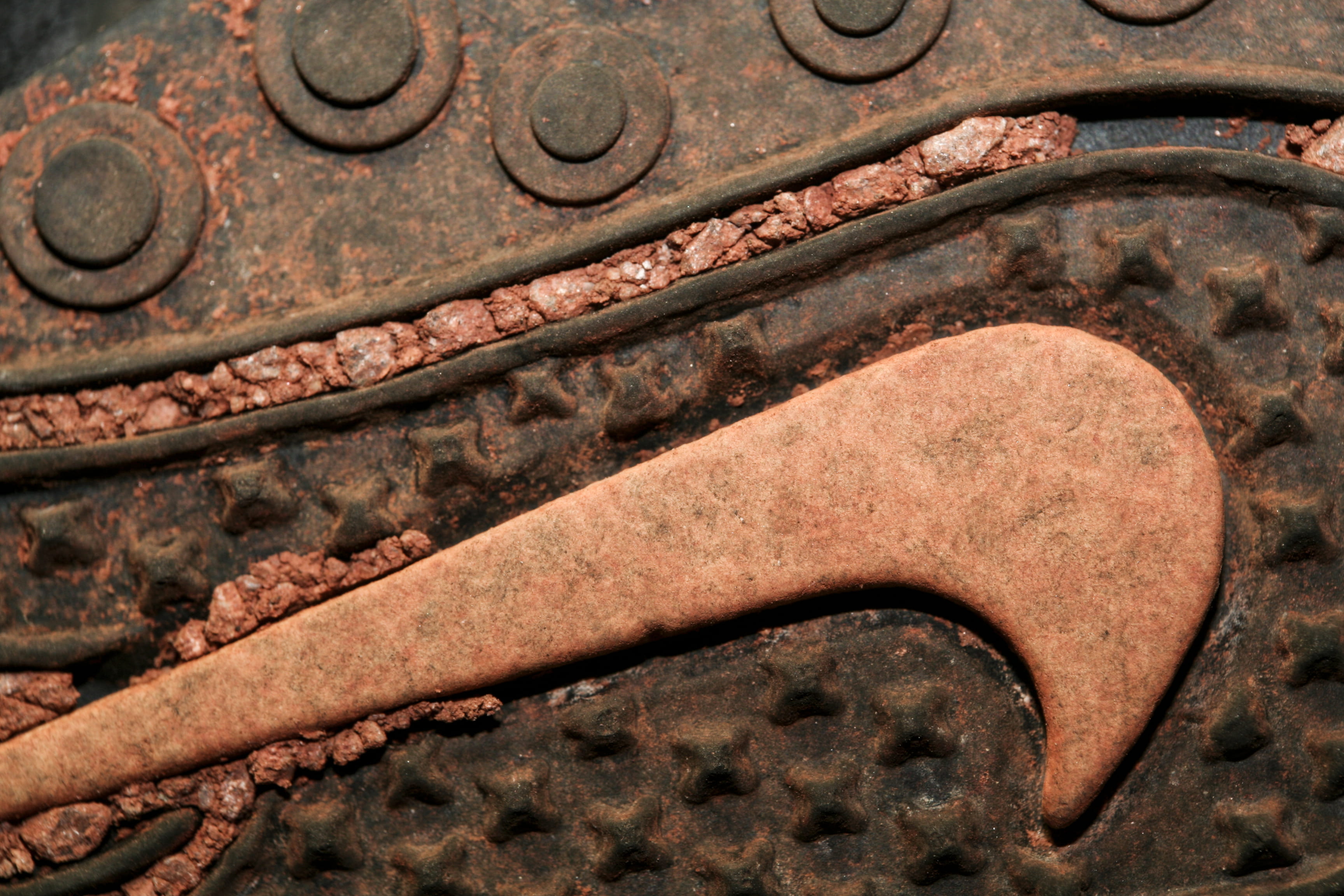 soil, deterioration, metal, indoors, sole, weathered, dirty, shoe, obsolete, pattern, exercise, sport, rusty, decline, red, backgrounds, no people, detail, HD Wallpaper