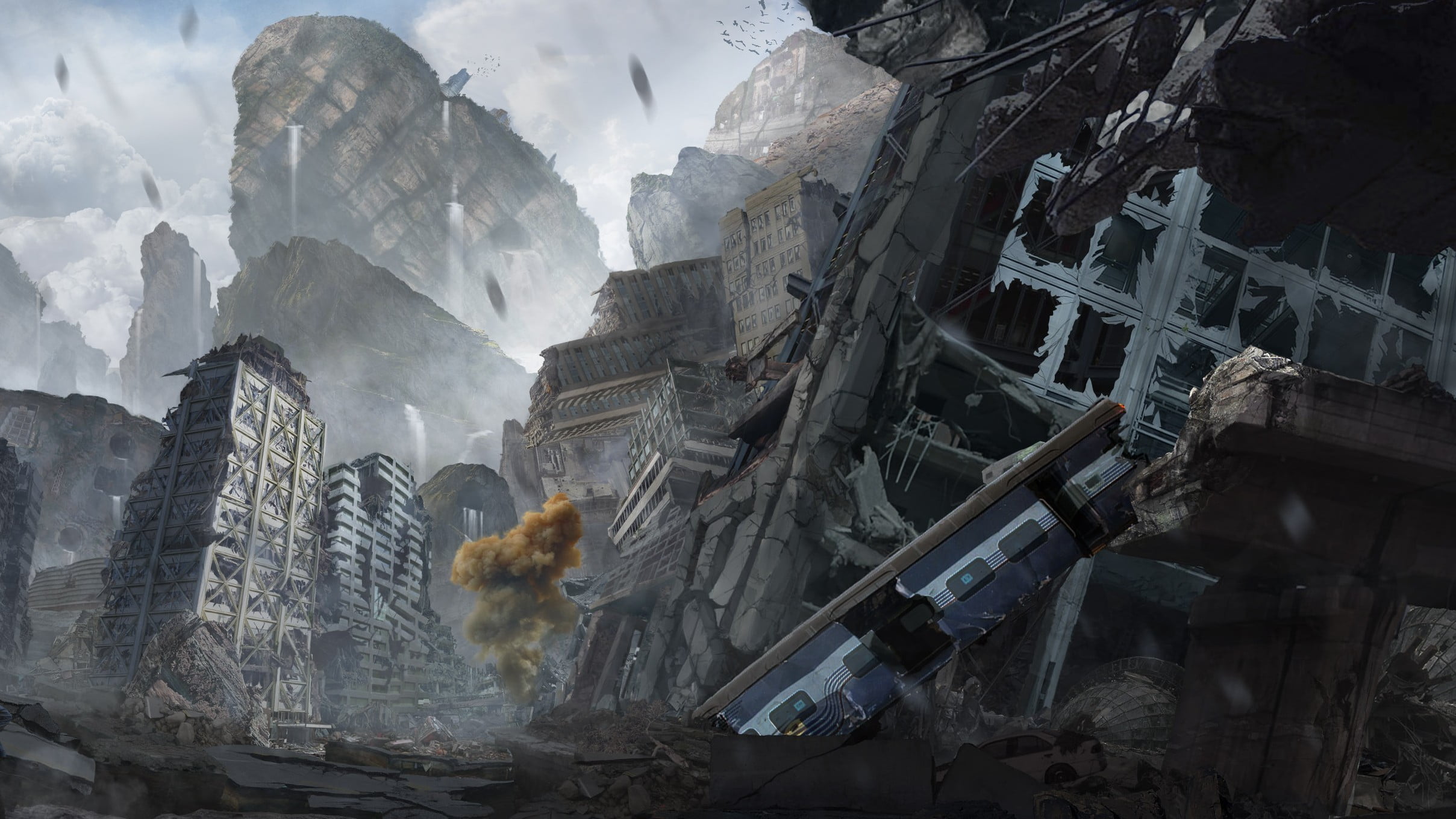 ruined, belief, ancient, buddhism, the wreckage, the city, illustration, old, tree, outdoors, asia, metro, devastation, 1080P, art, spirituality, mountain, HD Wallpaper