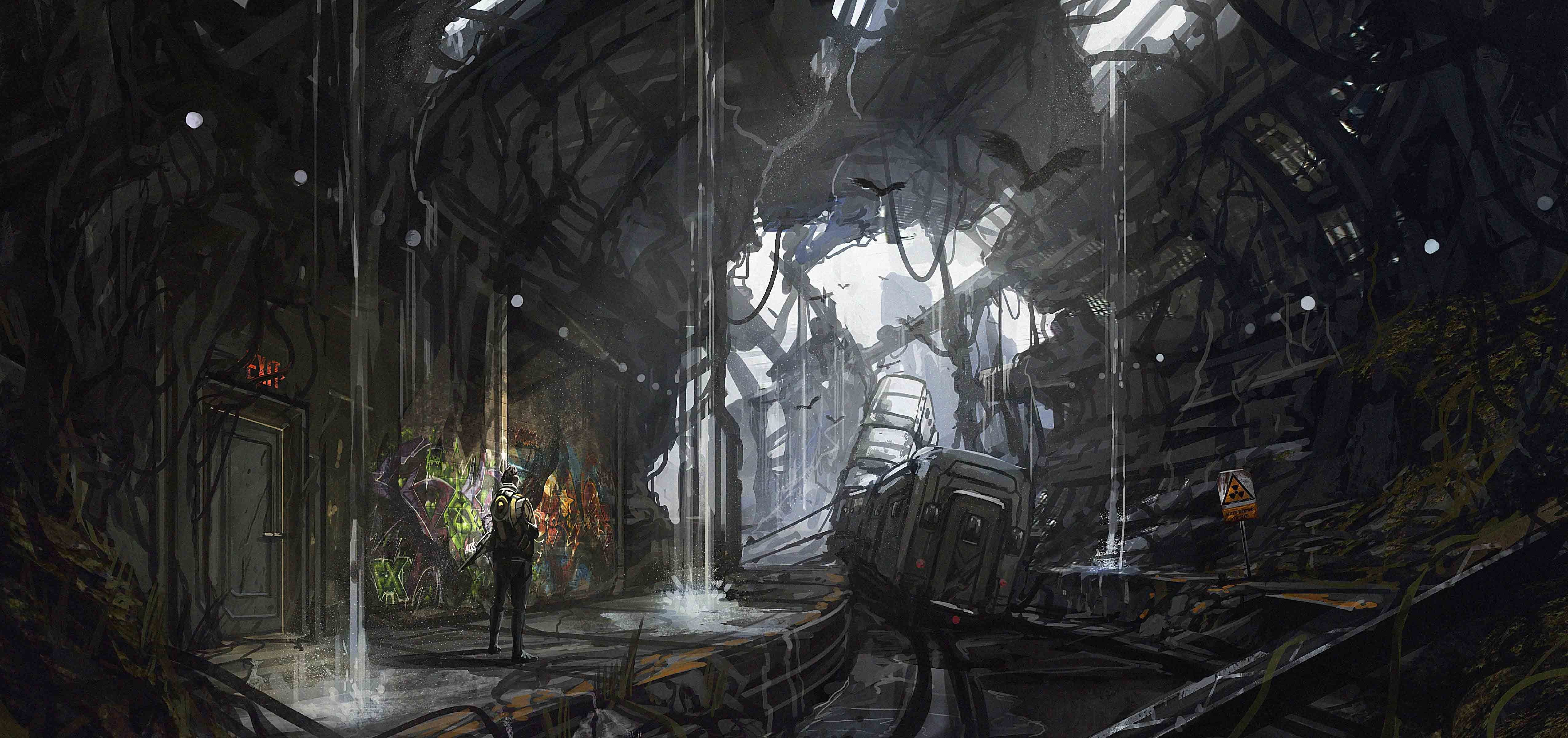 4K, people, devastation, art, station, water, subway, train, metro, ruins, weapons, artwork, Jonathan Powell, cars, failures, HD Wallpaper