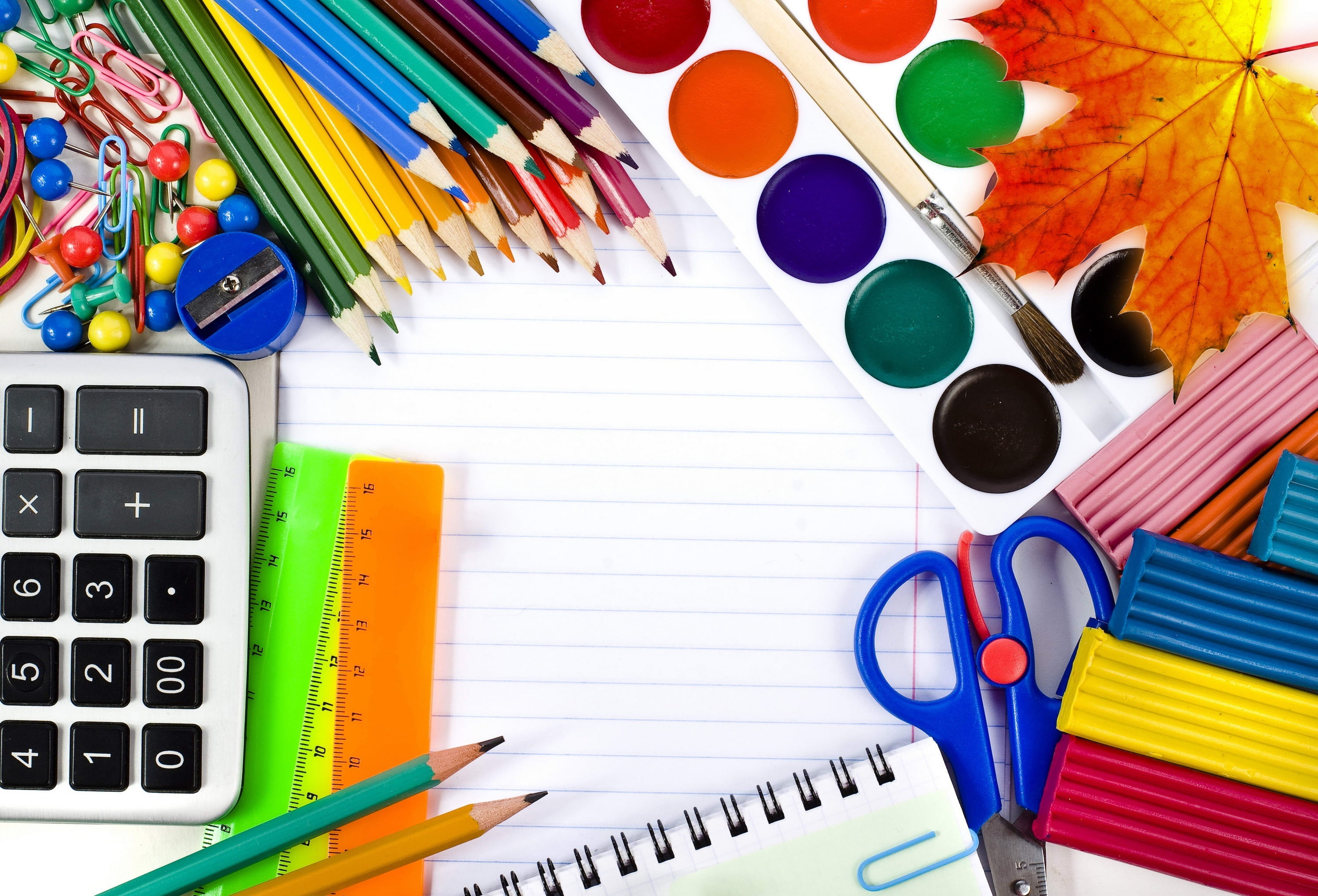 pencil, supplies, 1 Sep, clay, blue, back to School, green Color, multicolored, colors, pen, desk, education, school, calculator, group of Objects, learning, HD Wallpaper