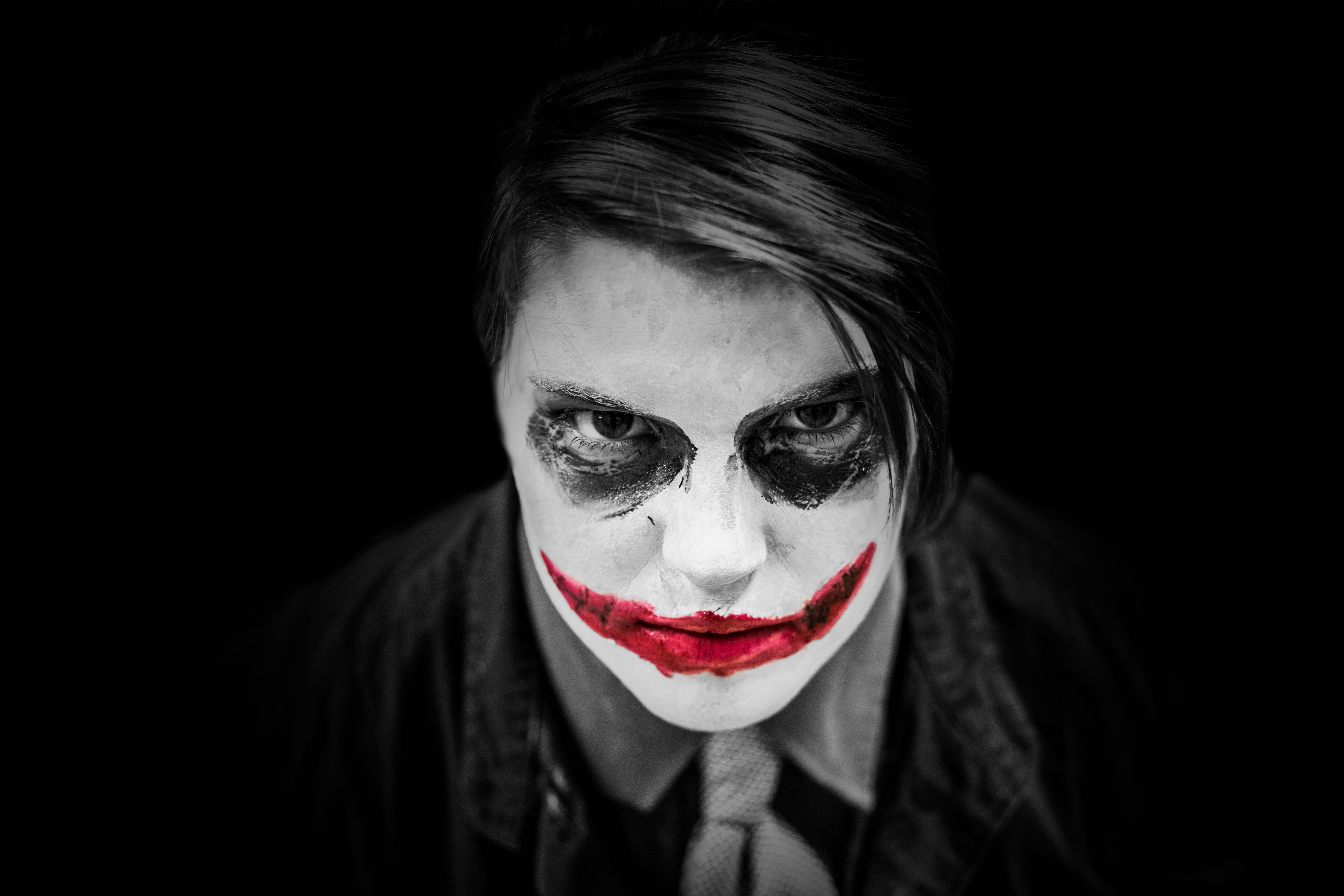 woman, front view, studio shot, black background, demon - fictional character, spooky, blood, adult, smile, make-up, batman, 5K, man, looking at camera, HD Wallpaper
