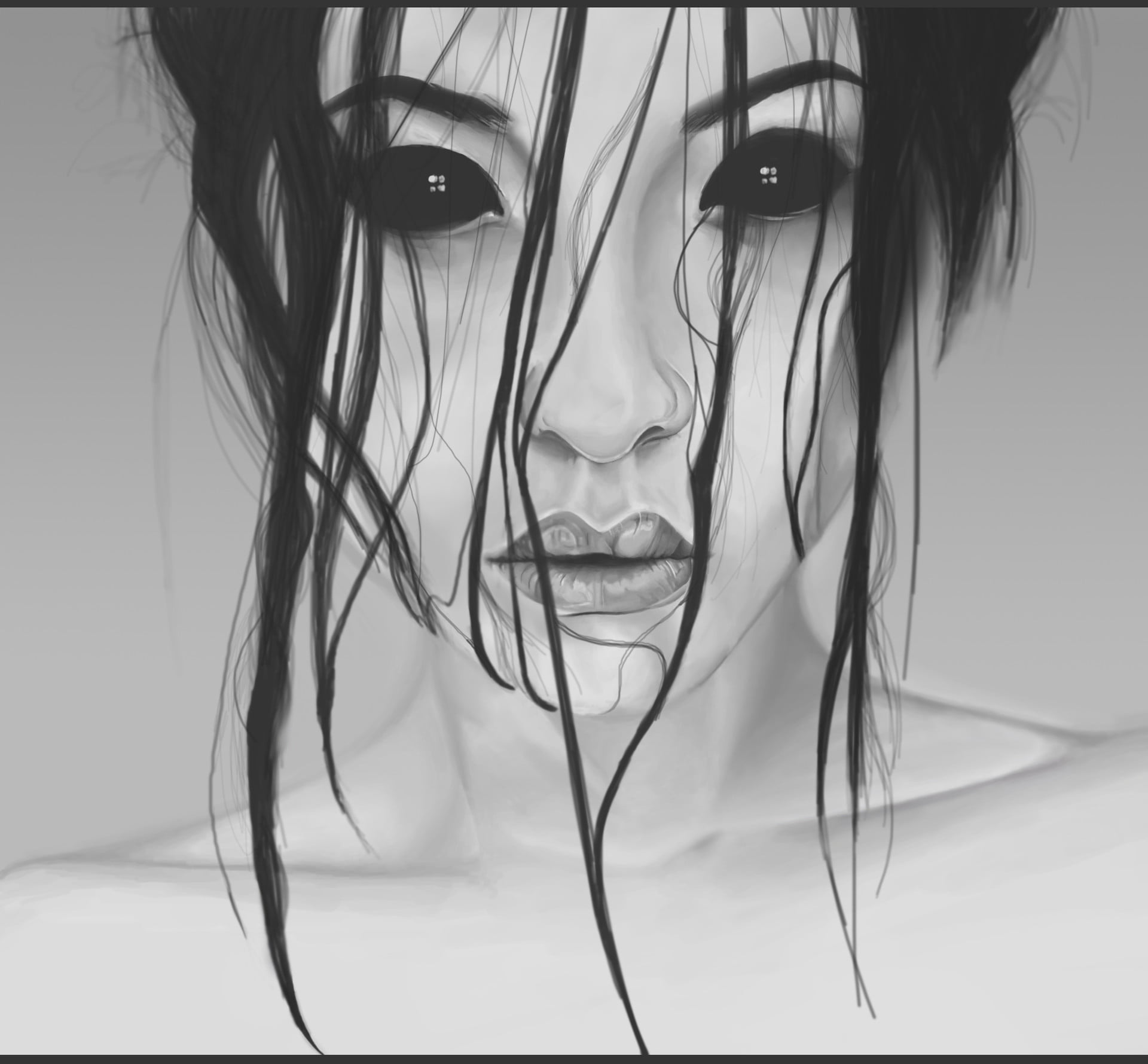 white, monster girl, lips, drawing, digital toning, spooky, scary face, photography, digital, low saturation, hair, photographer, 1080P, HD Wallpaper