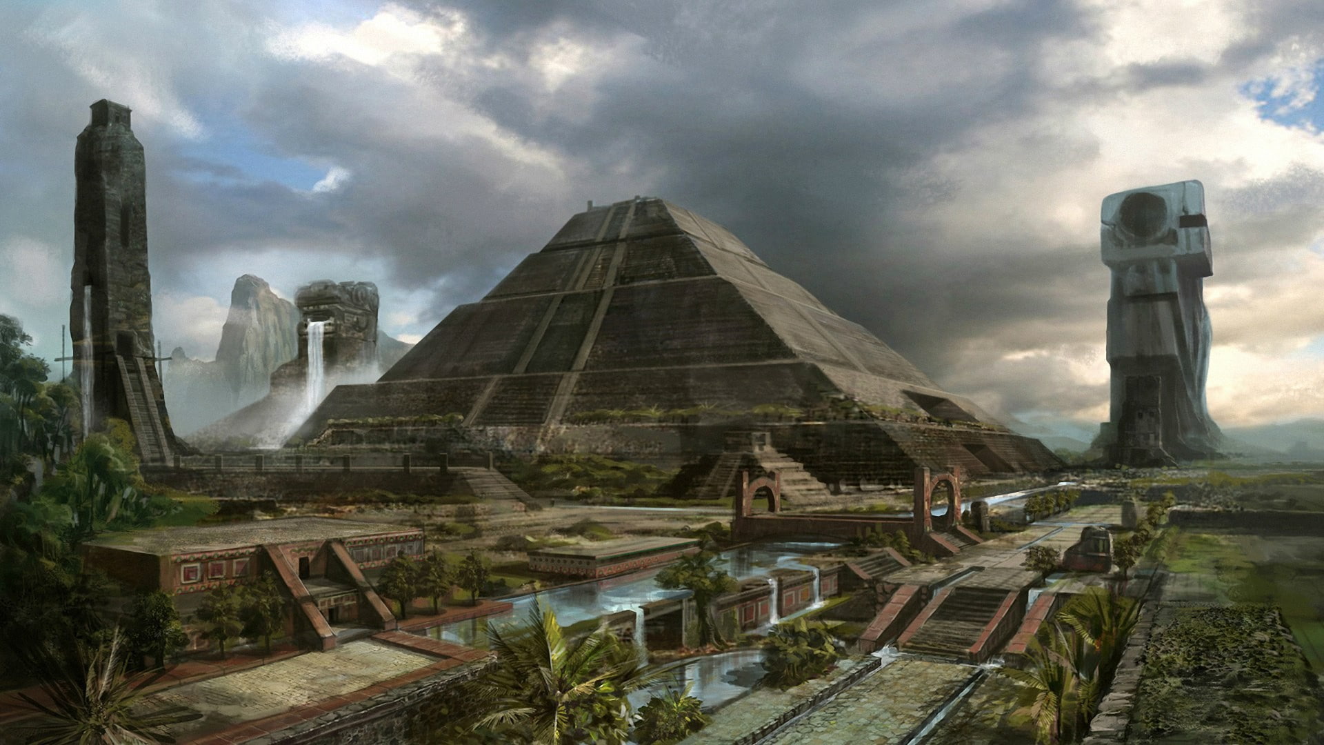 1080P, fantasy art, clouds, digital art, Maya (civilization), palm trees, tower, pyramid, waterfall, DeviantArt, artwork, HD Wallpaper