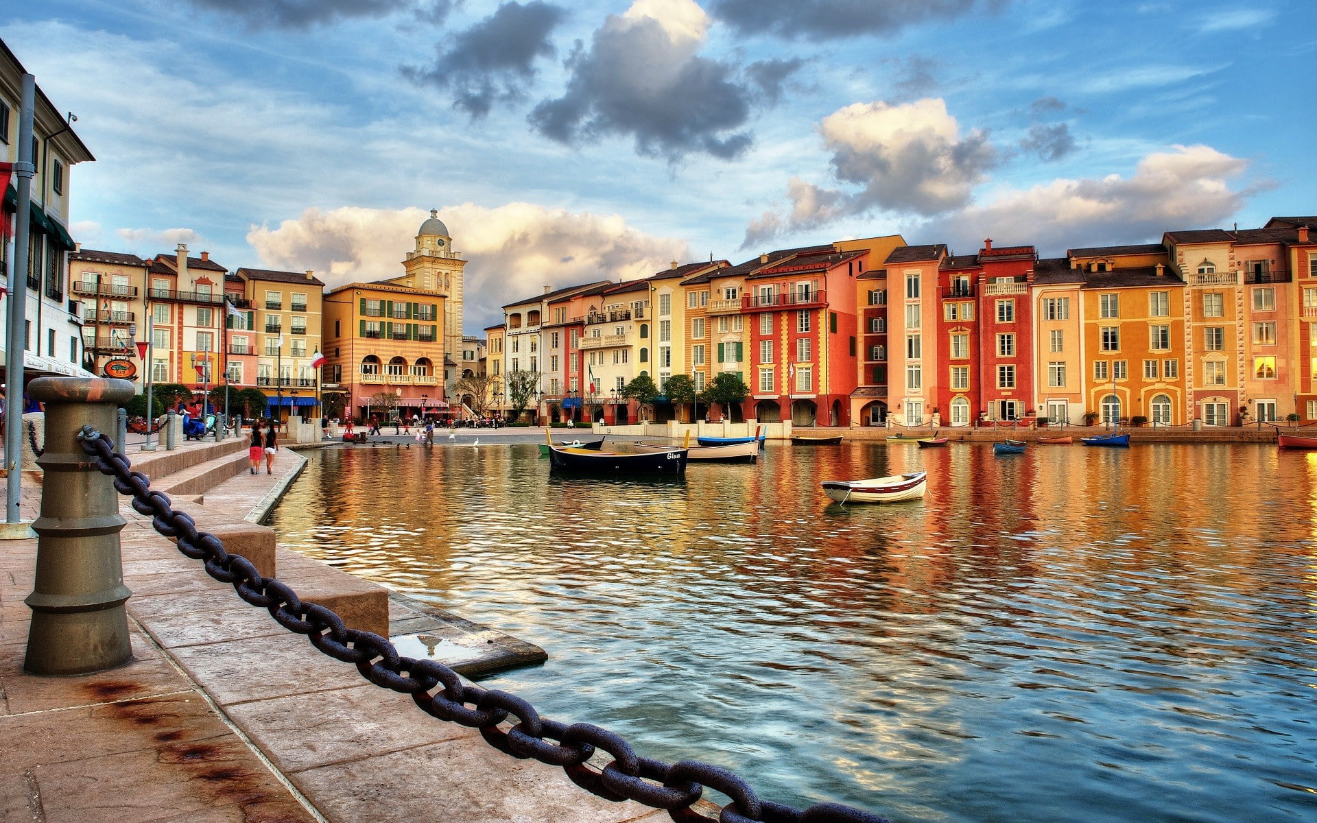 building exterior, 1080P, built structure, cloud - sky, water, chains, Portofino, wooden post, moored, Italy, boat, outdoors, residential district, nautical vessel, HD Wallpaper